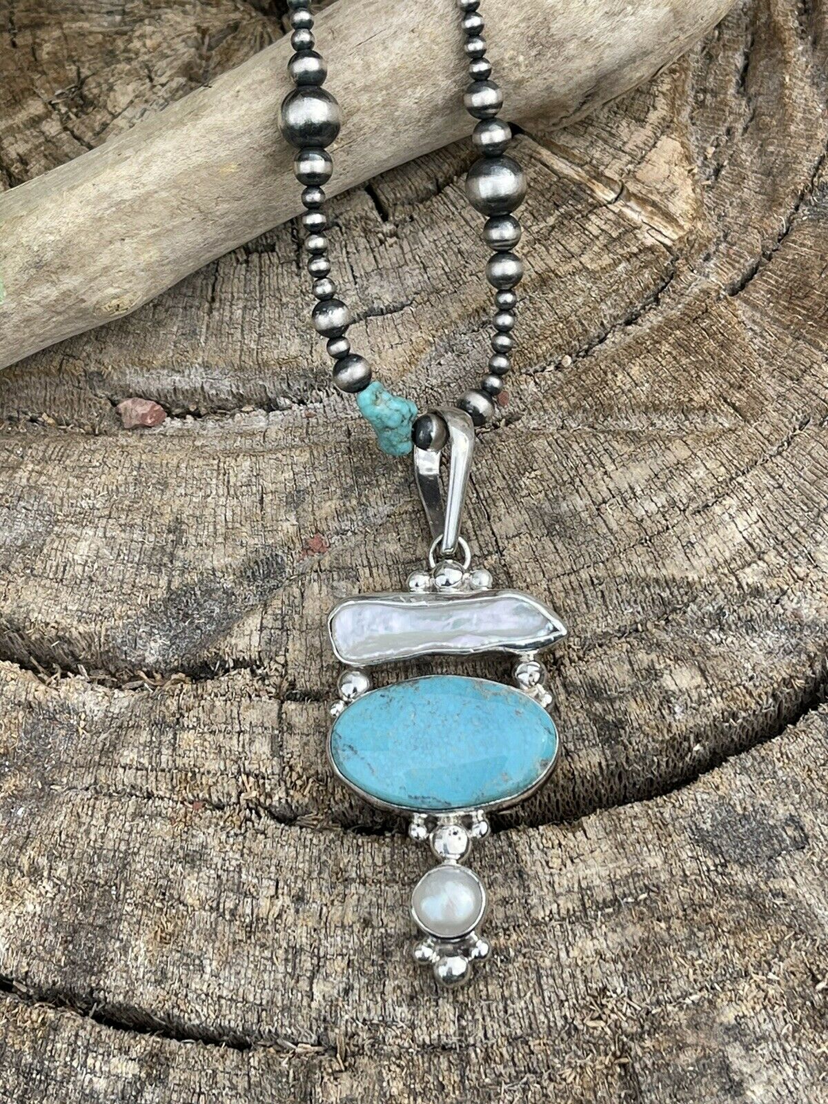 Handcrafted Turquoise & Mother Of Pearl Sterling Silver Pendant