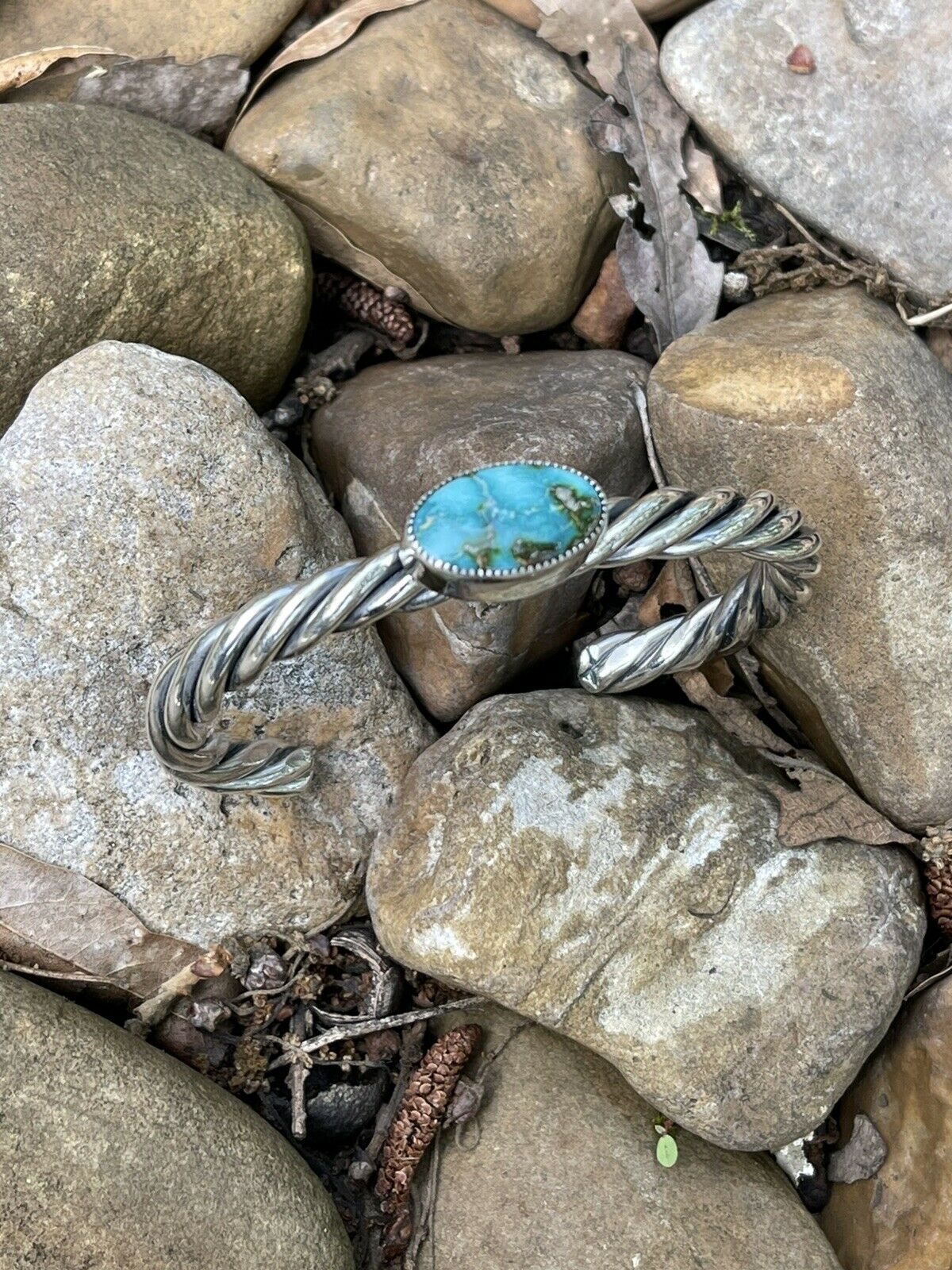 Handcrafted Sterling Sonoran Mountain Turquoise Rope Style Bracelet Cuff