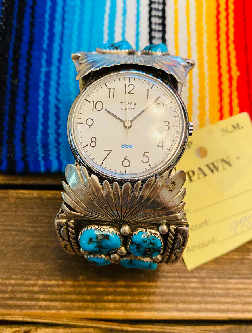 Handcrafted Vintage Turquoise & Sterling Silver Watch Cuff Signed