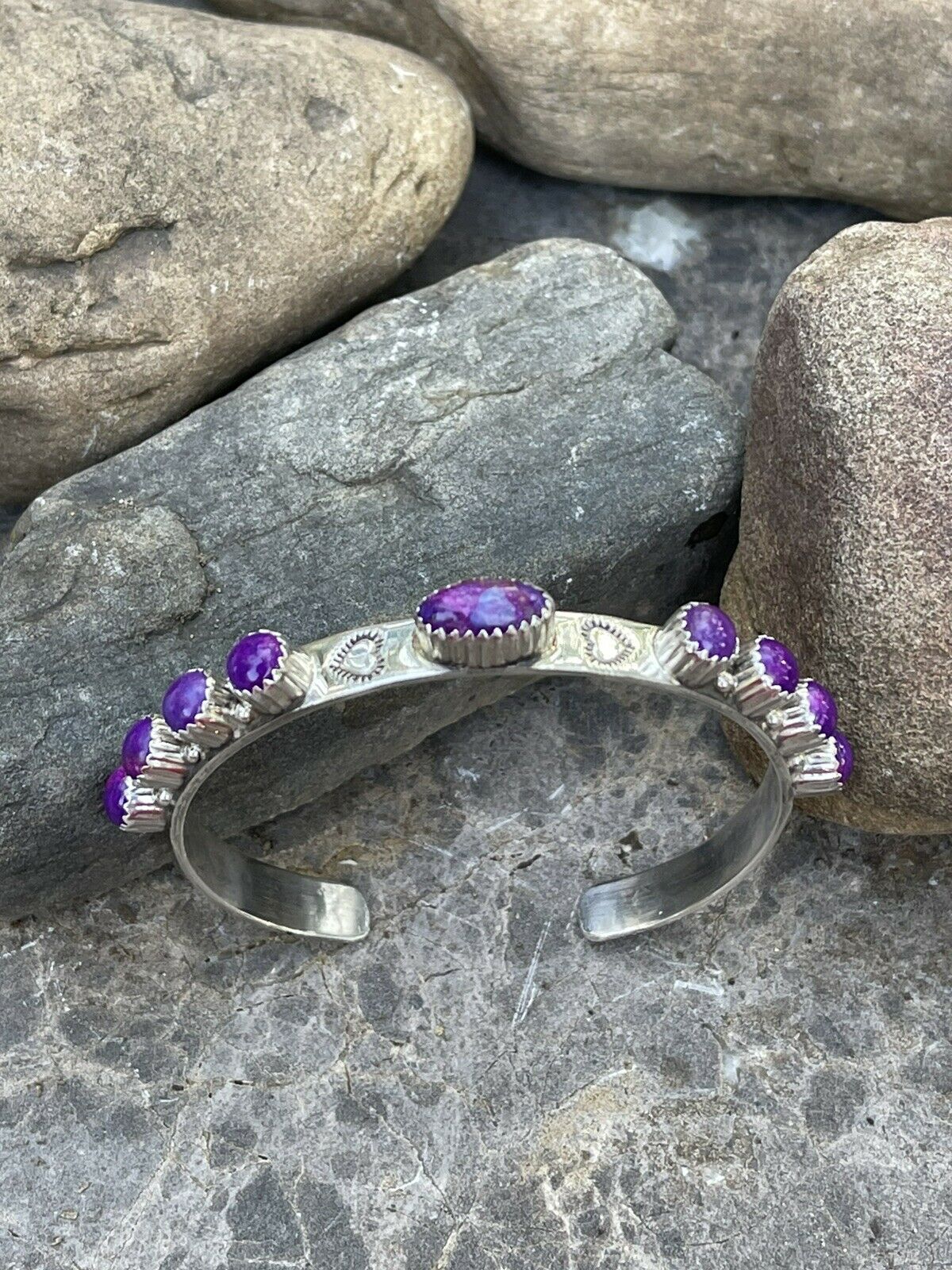 Handcrafted Purple Spiny Sterling Silver Heart Cuff Bracelet Stamped G. Boyd