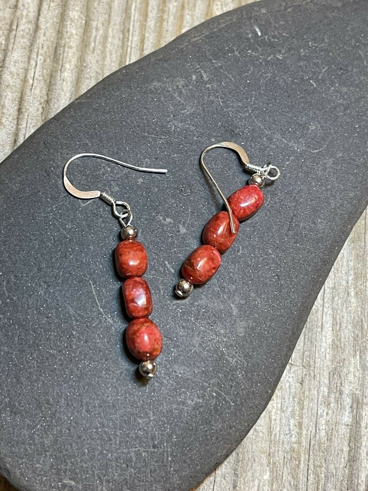 Handcrafted Sterling Silver 3 Stone Apple Coral Dangle Earrings