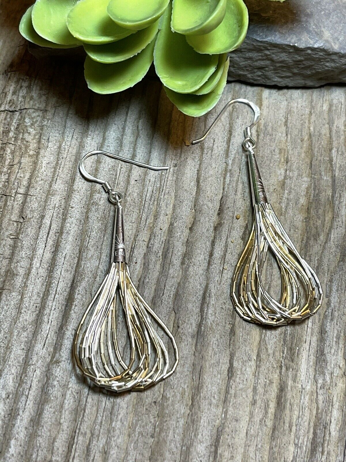 Handcrafted Delicate Sterling Liquid Silver Two Tone Dangle Earrings