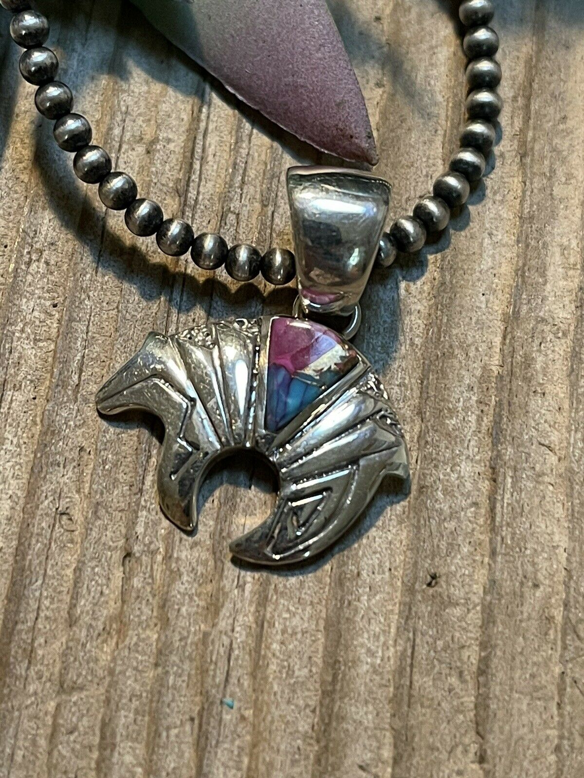 Handcrafted Pink Dream Mojave & Sterling Silver Bear Pendant