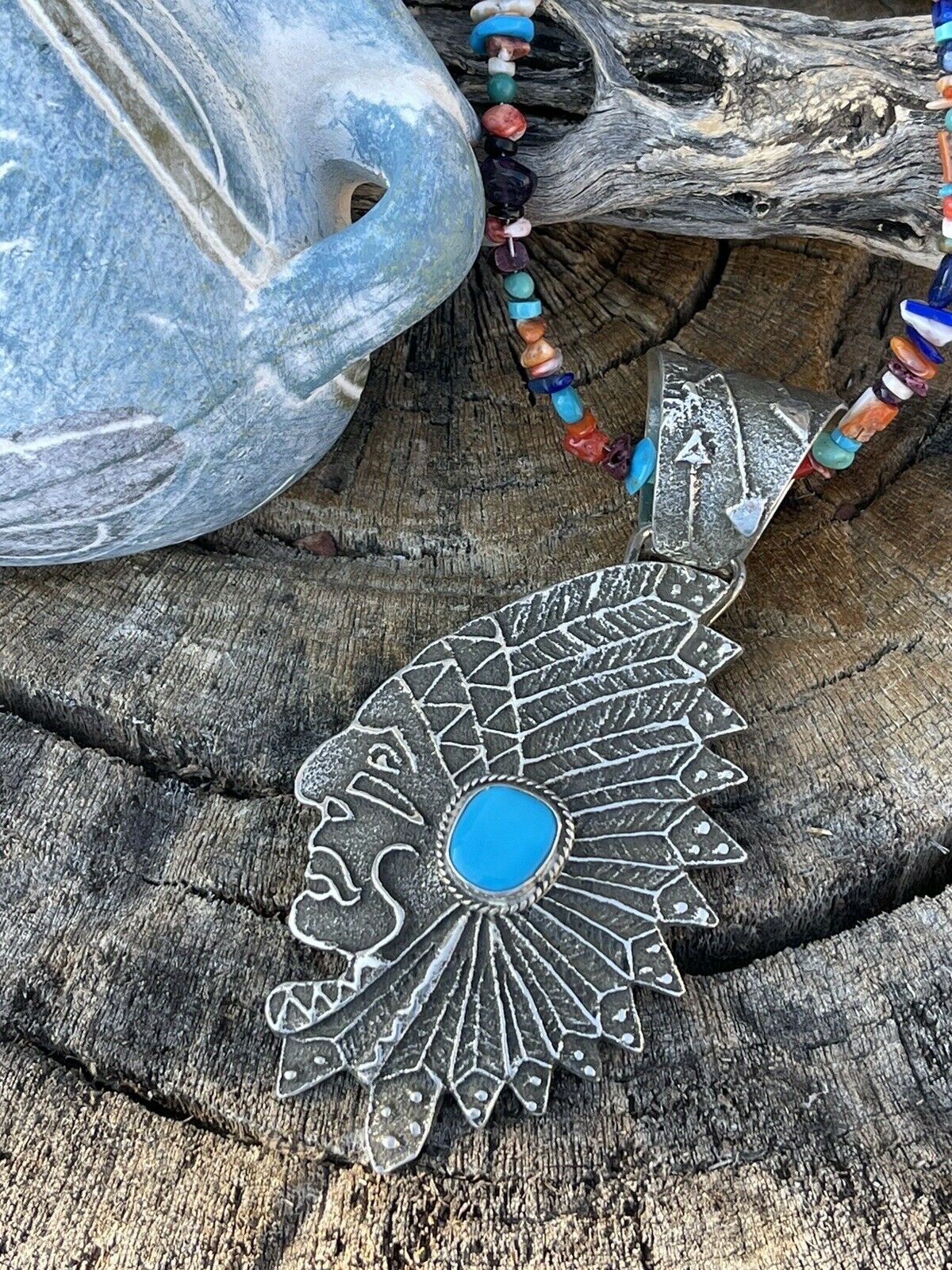 Handcrafted Sterling Silver & Kingman Turquoise Indian Chief Sand Cast Pendant Sign