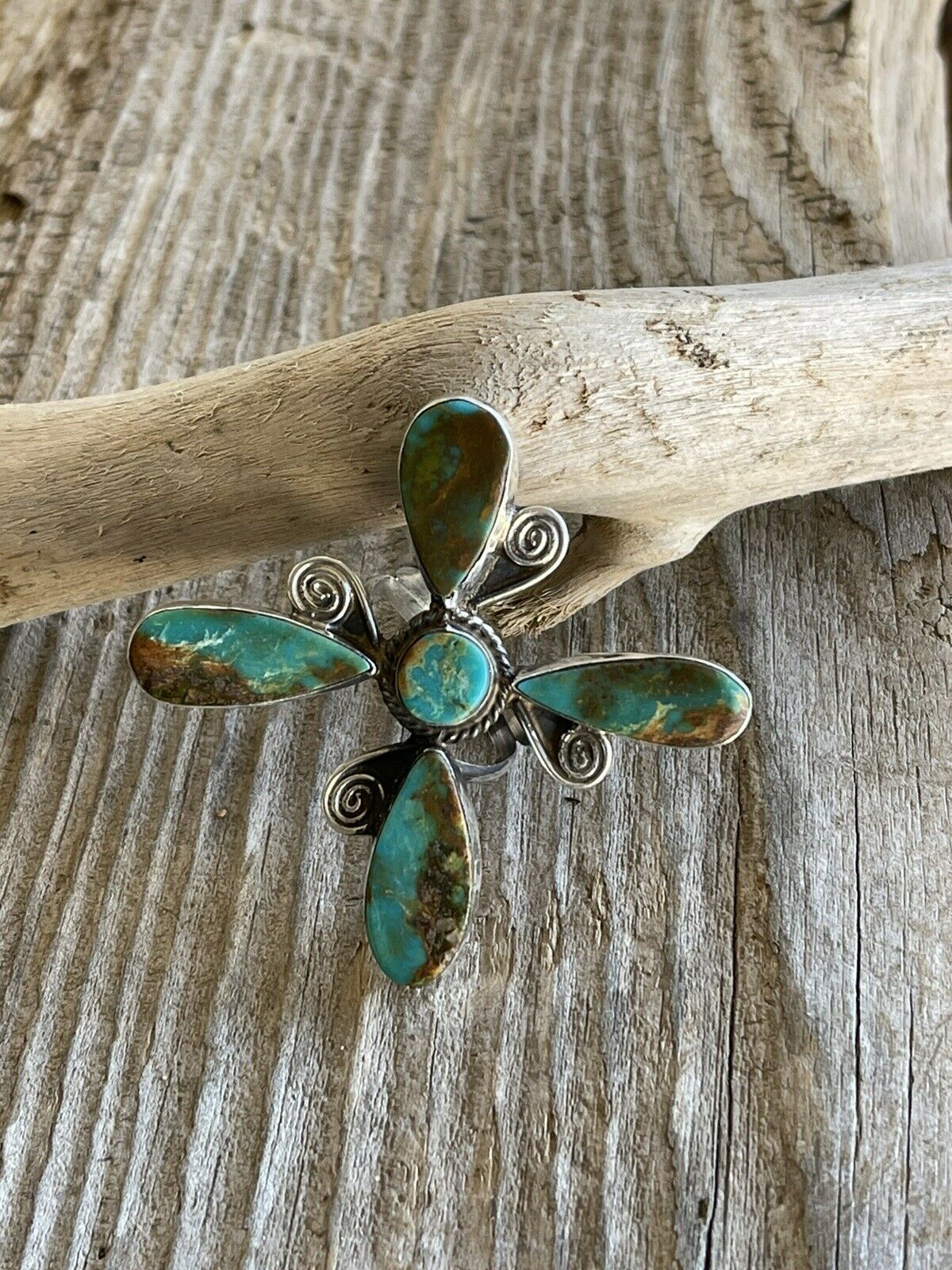 Handcrafted Sterling Silver & Royston Turquoise Scroll Petal Ring Size 8. Signed