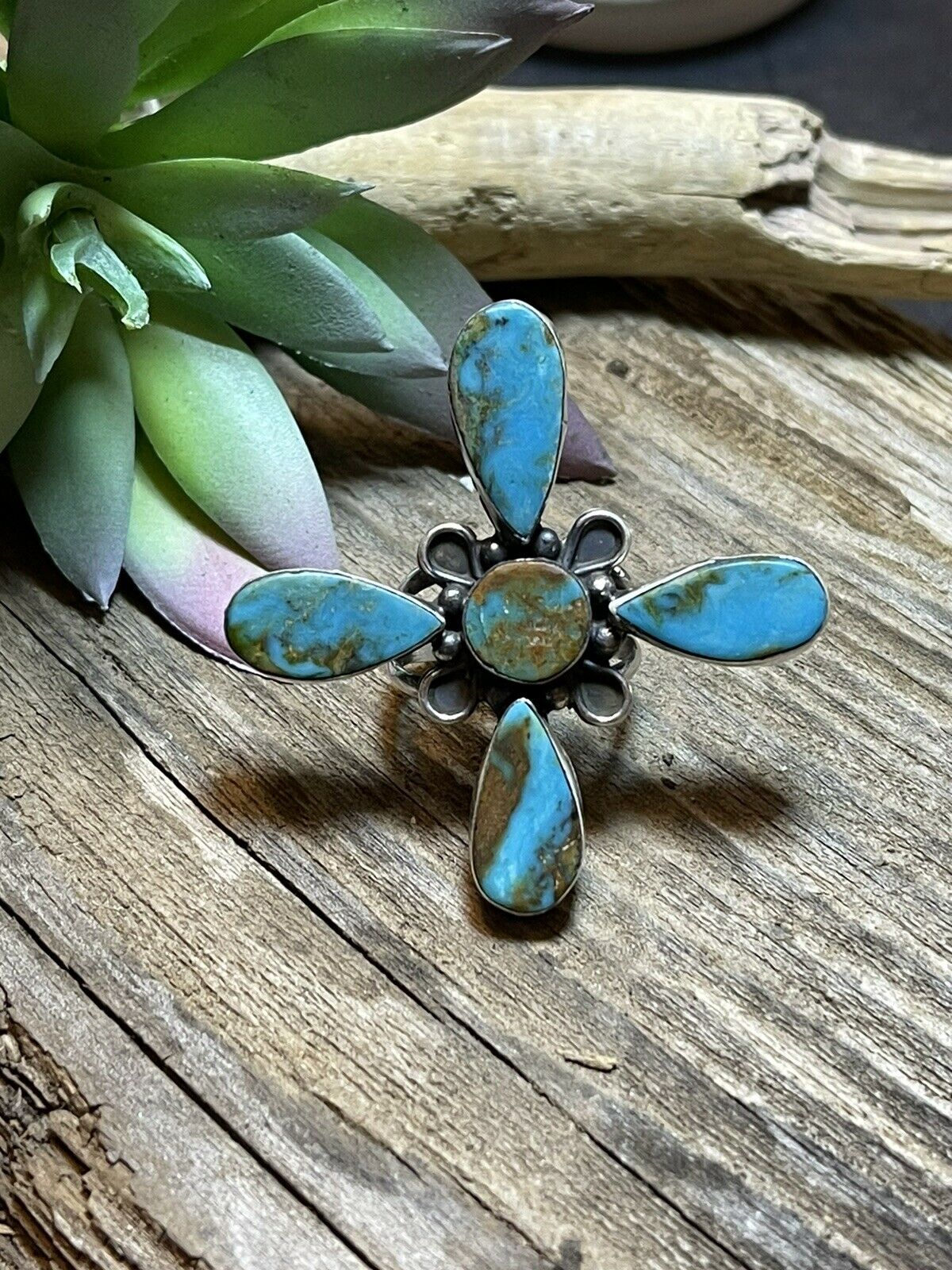 Handcrafted Sterling Silver & Royston Turquoise Scroll Petal Ring Size 7 Signed