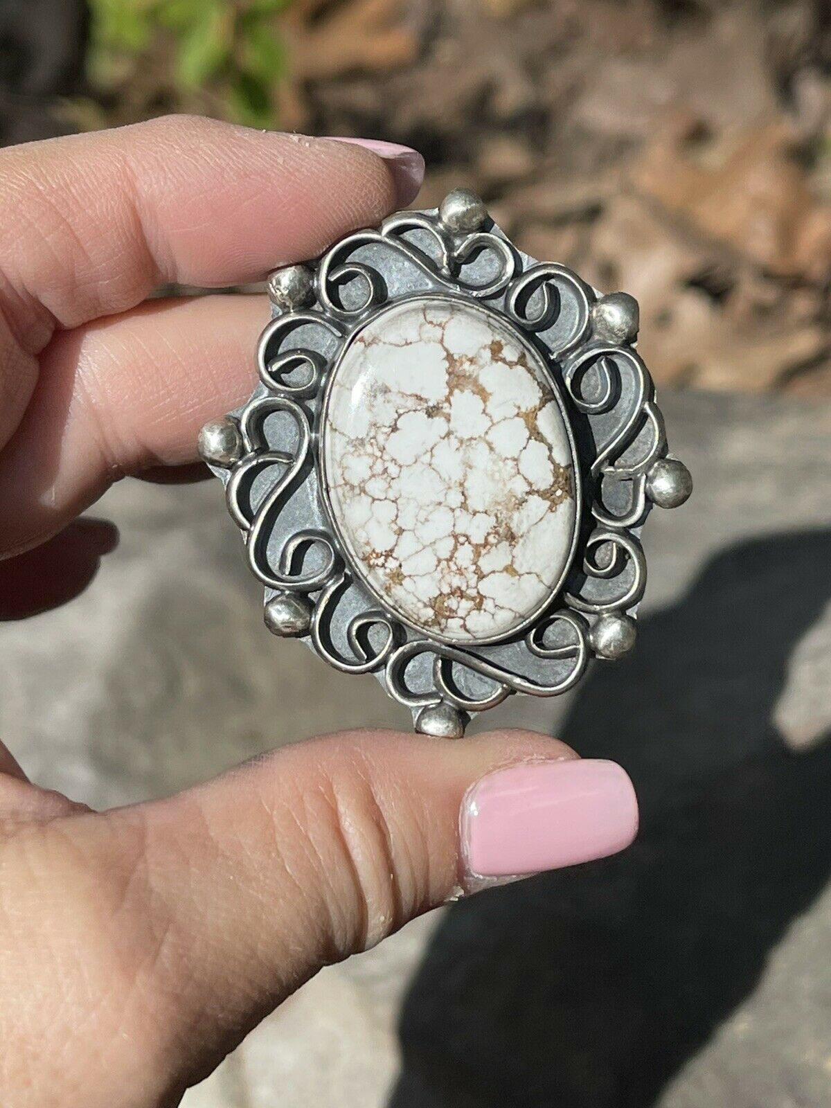 Handcrafted Swirl Statement Sterling Silver Wild Horse Oval Ring Sz 6