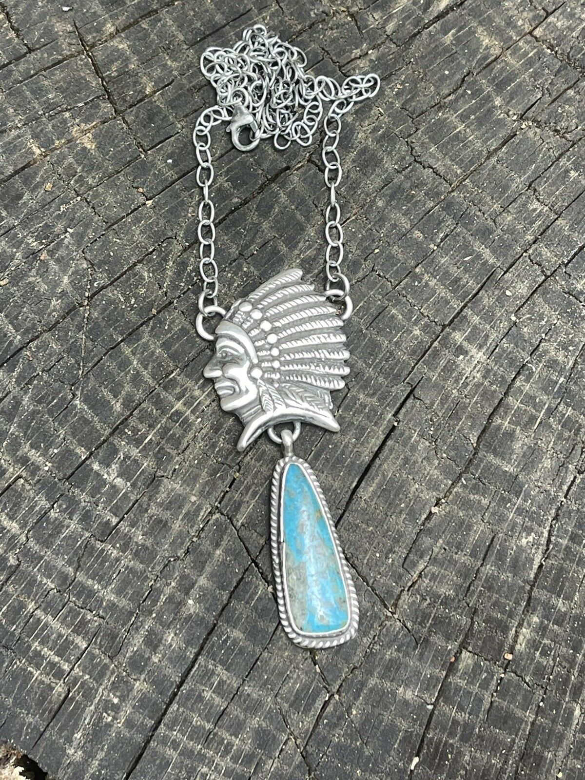 Handcrafted Sterling Silver Indian Chief Royston Turquoise Drop Necklace