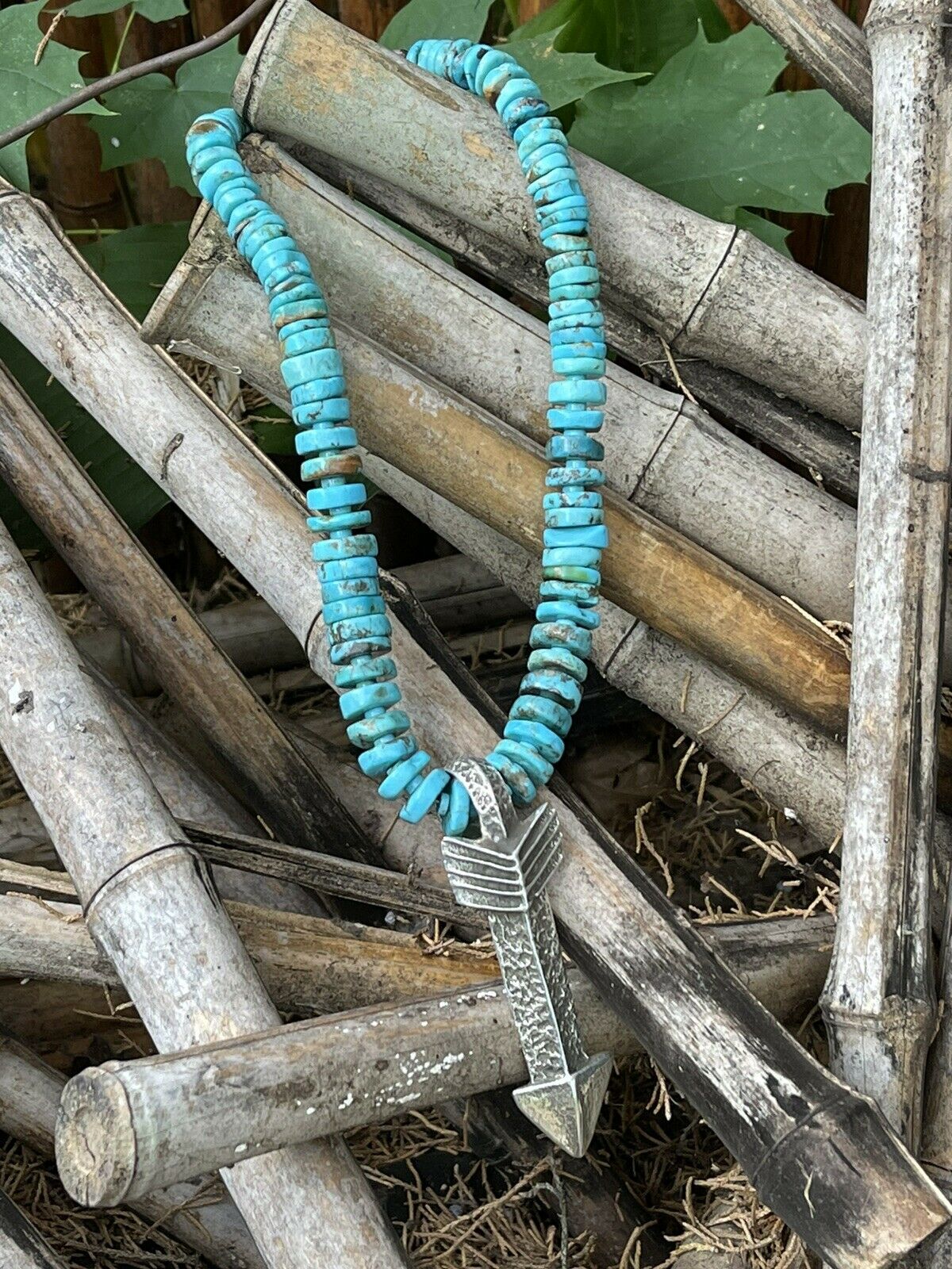 Natural Turquoise & Sterling Silver Tufa Cast Arrow Necklace