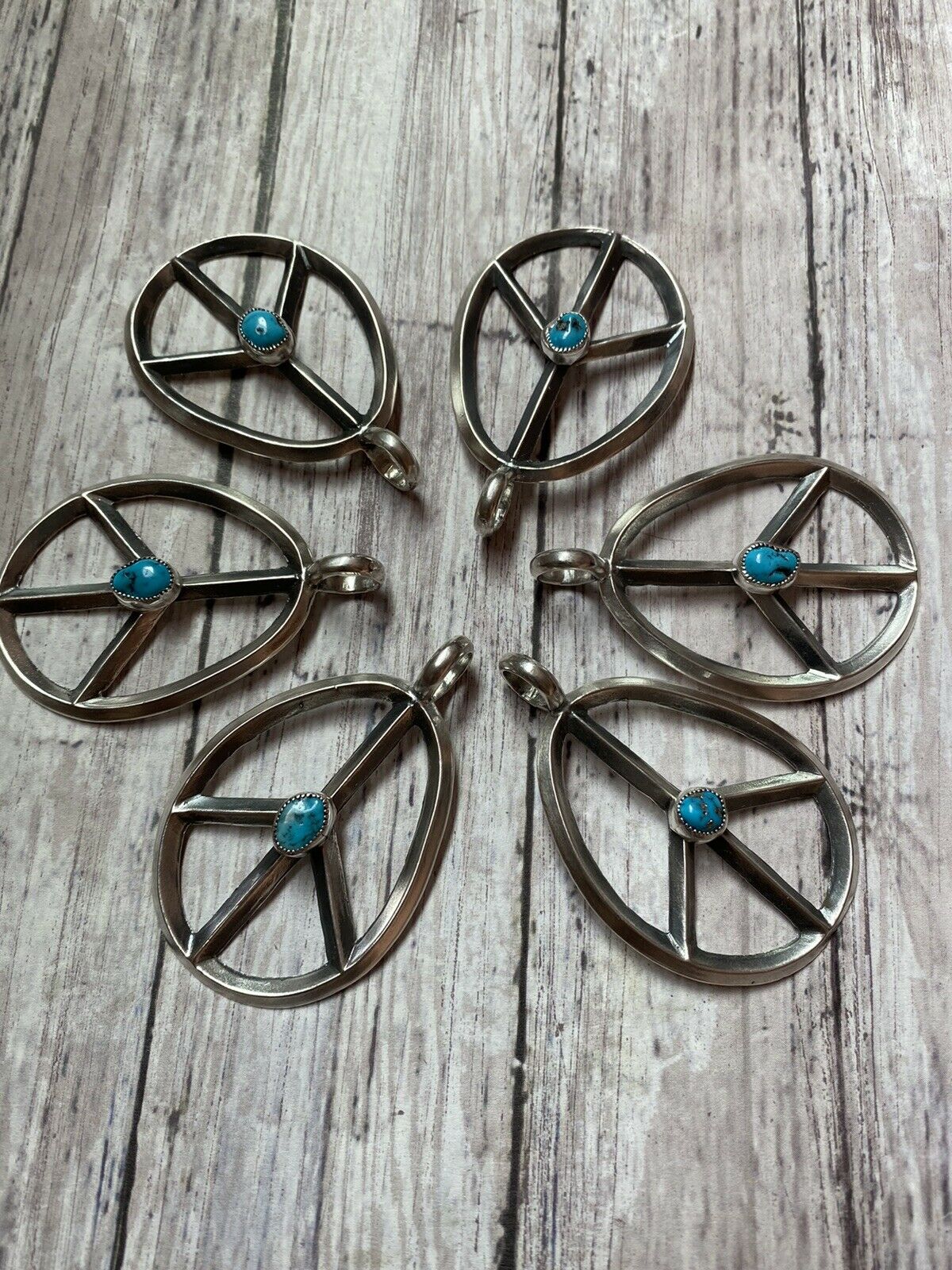Handcrafted Sterling Silver & Kingman Turquoise Peace Sign Pendant Signed