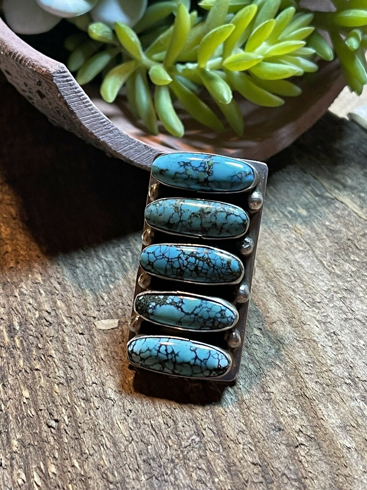 Handcrafted Blue Oval Turquoise & Sterling Silver Ring Sz 7 Signed