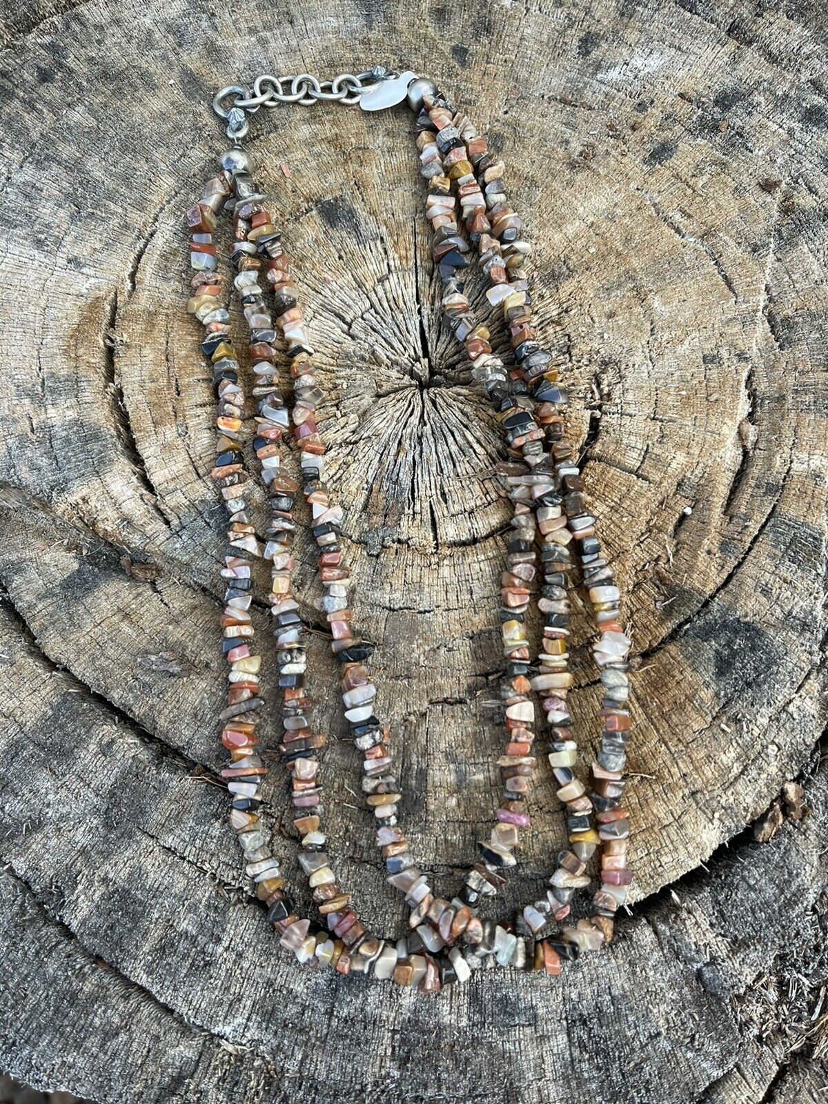 Handcrafted Sterling Silver Multi Jasper Chip Triple Strand Necklace