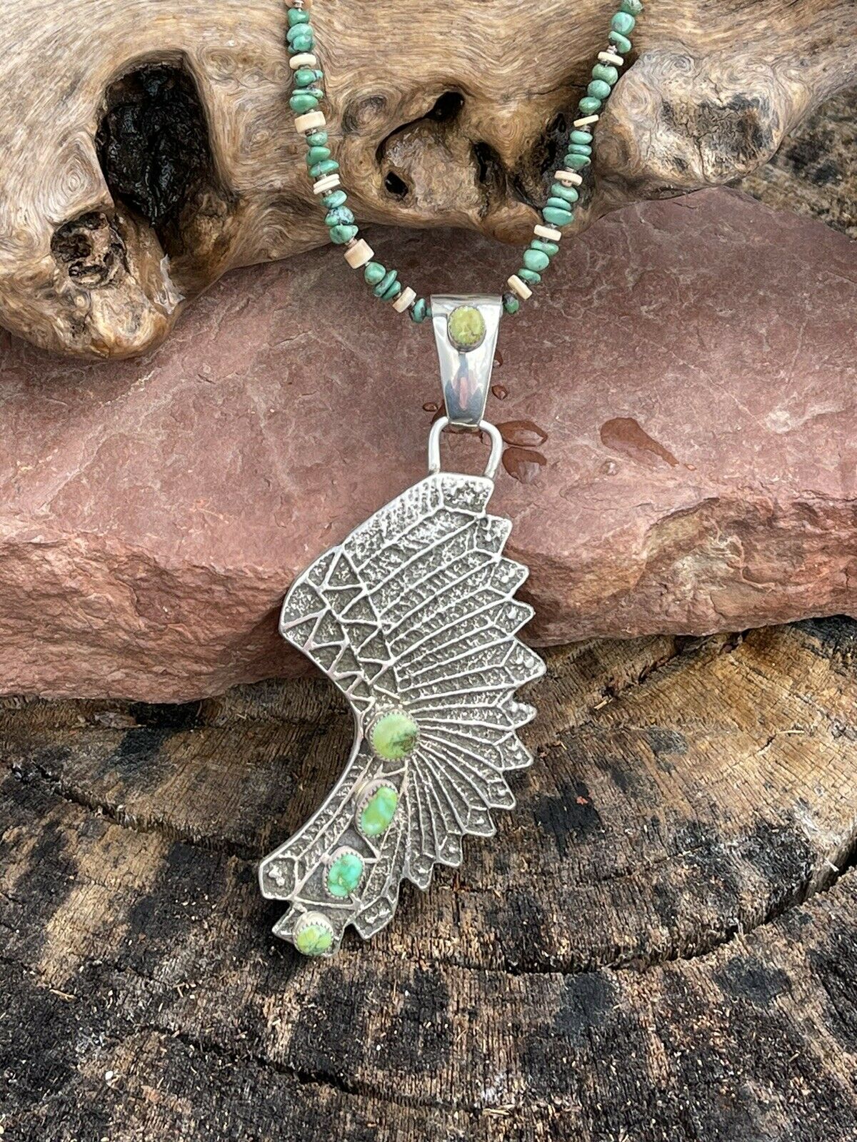 Handcrafted Sterling Silver Sonoran Gold Turquoise 4 Stone Indian Chief Pendant