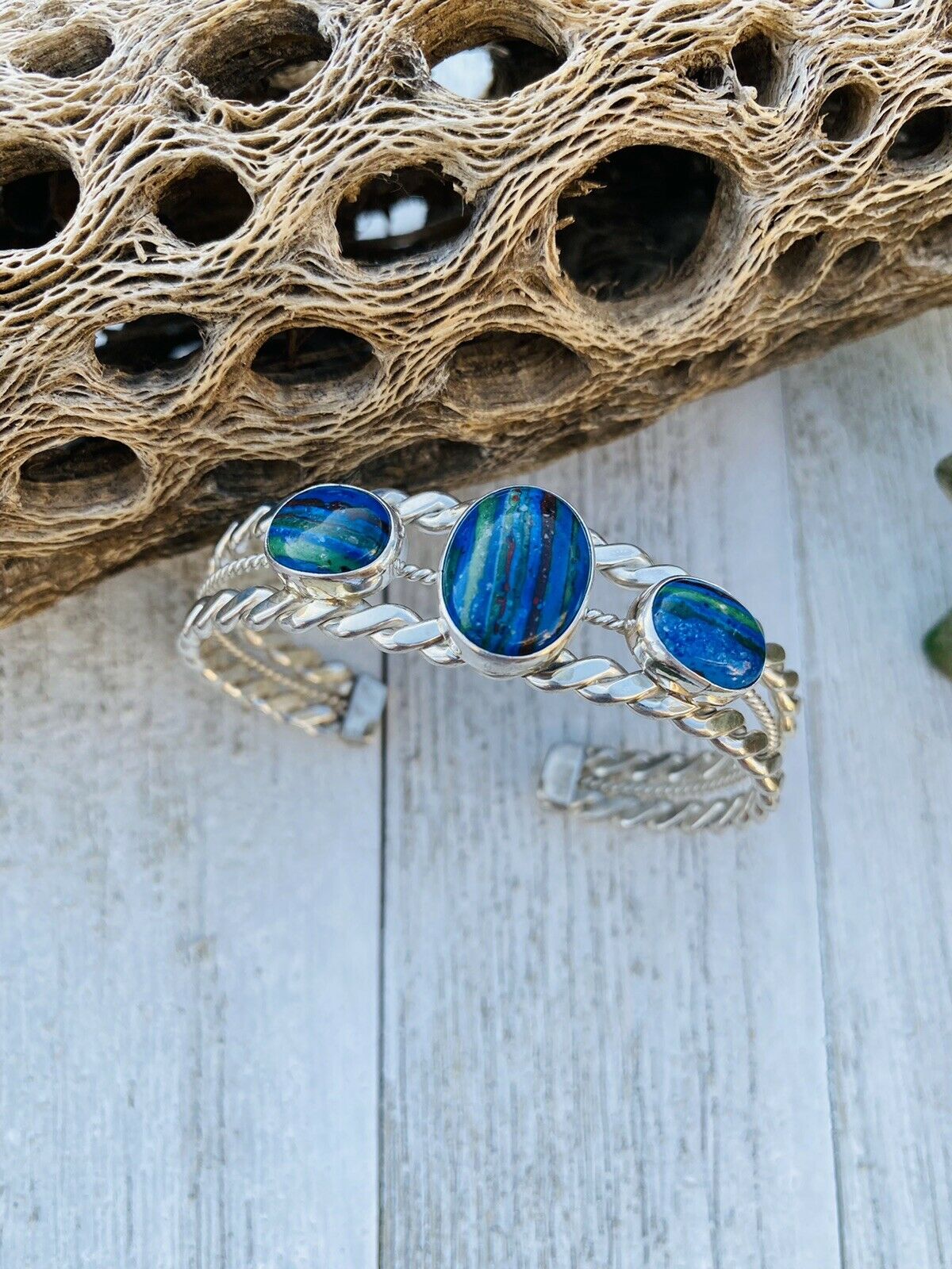 Unique Handcrafted Sterling Silver & Rainbow 3 stone Cuff Bracelet