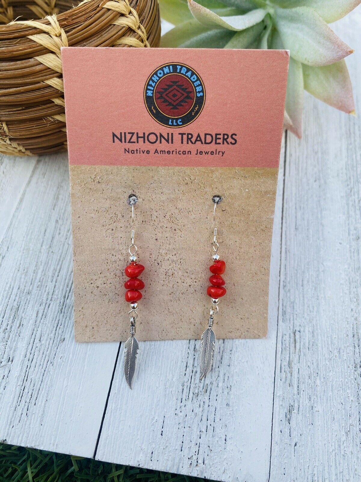 Handcrafted Coral & Sterling Silver Feather Dangle Earrings