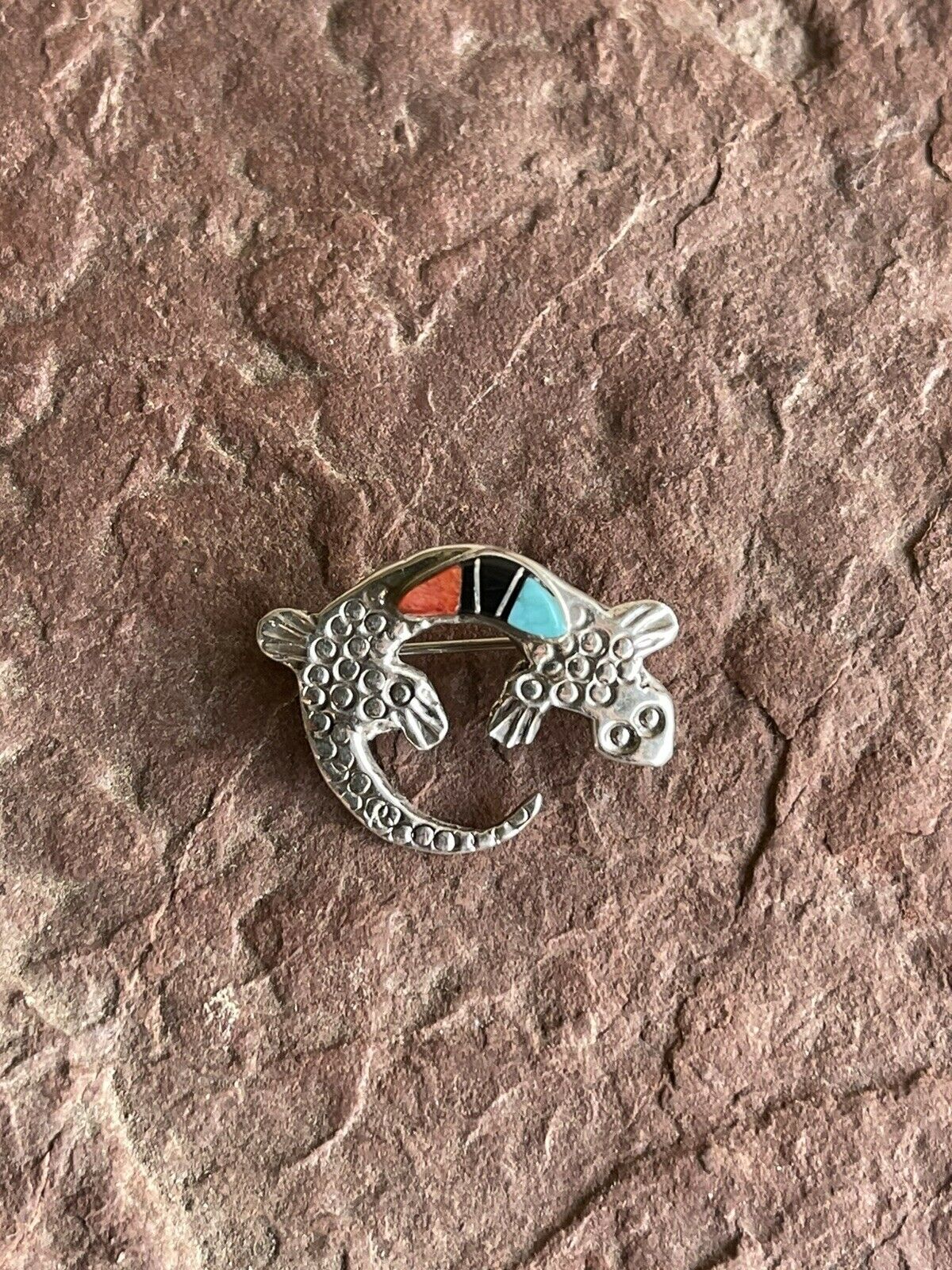 HandcraftedSterling Silver Turquoise, Onyx and Spiny Stone Lizard Pendant Pin Signed