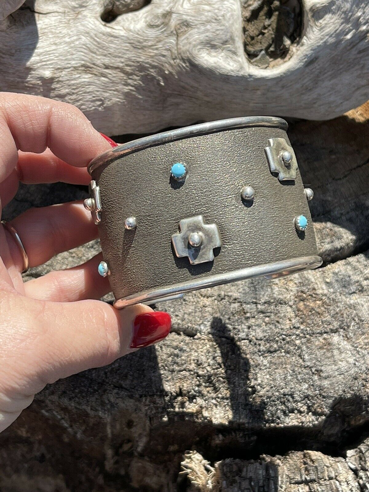 Handcrafted Sterling Silver Cross Bracelet Cuff With Turquoise Accent Stones Signed /