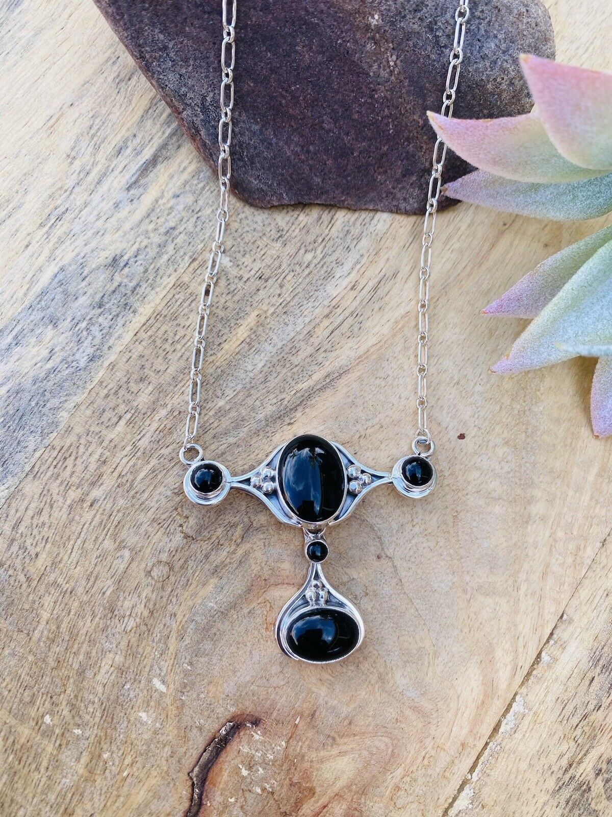Handmade Sterling Silver & Black Onyx Necklace Signed