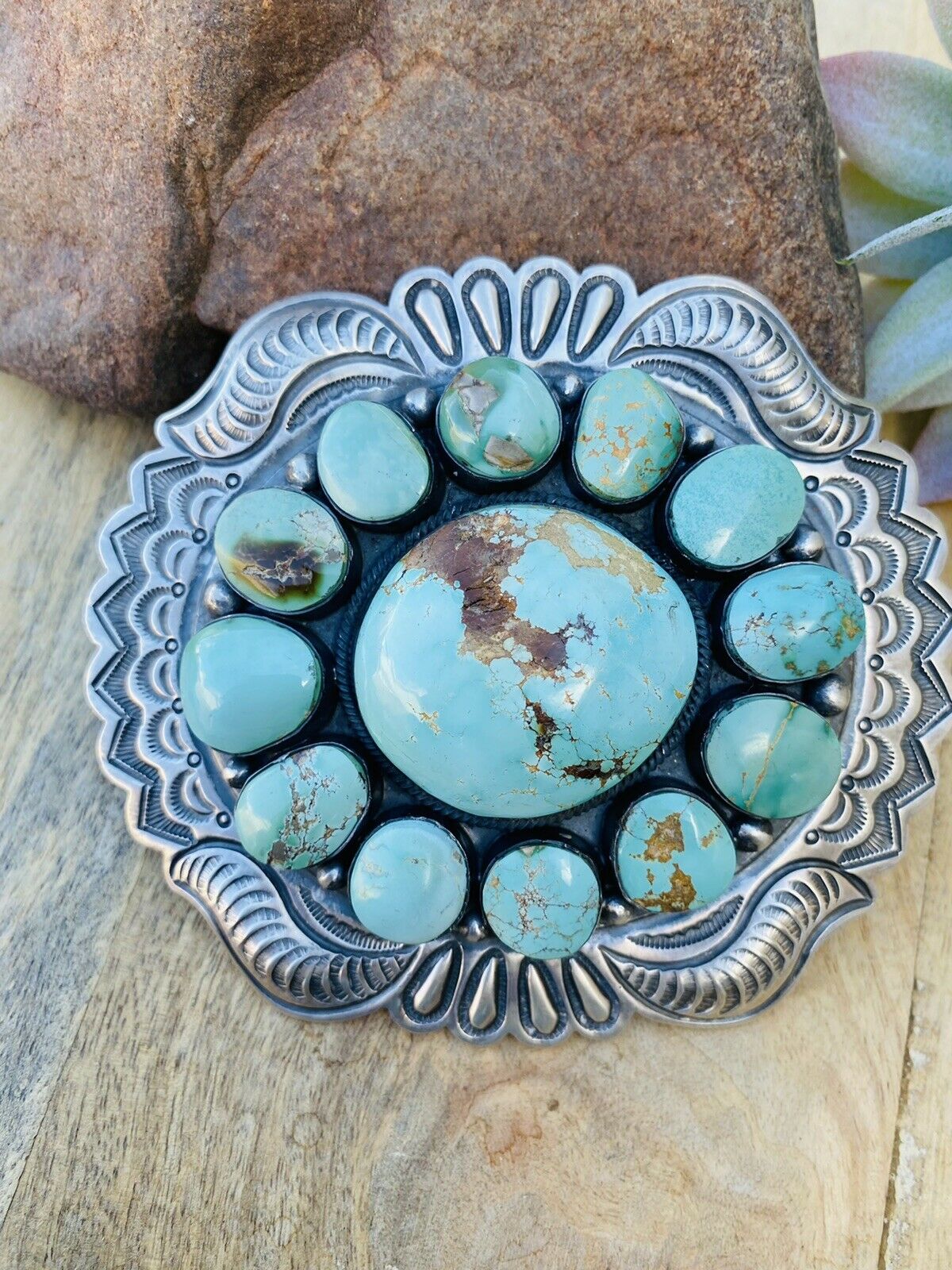 Handcrafted Stunning Vintage Number 8 Turquoise & Sterling Silver Belt Buckle Signed