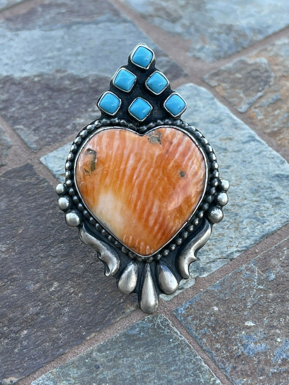 Handcrafted Sterling Silver Orange Spiny Heart & Turquoise Ring Sz 8