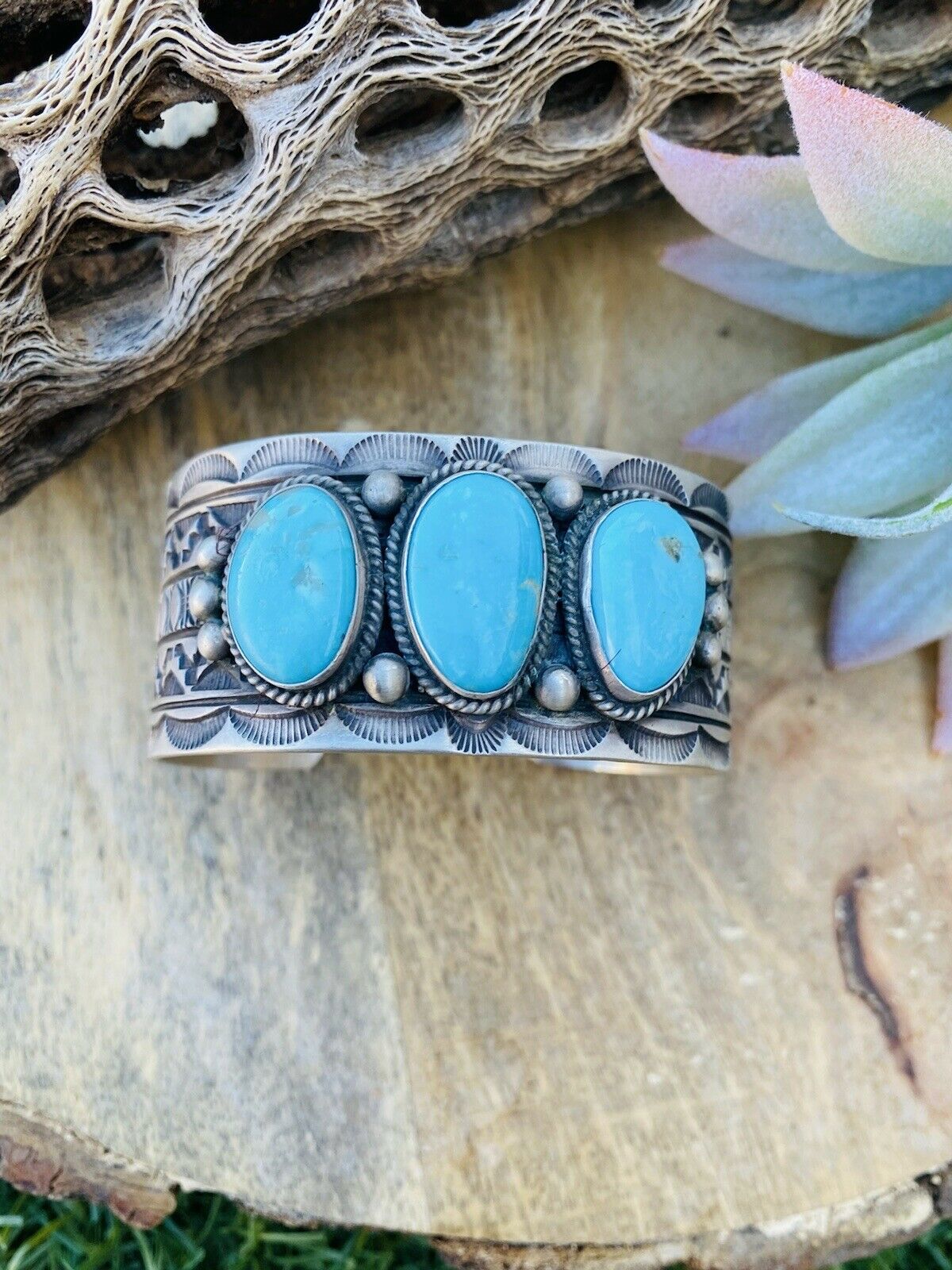Handcrafted Vintage Turquoise & Sterling Silver Hand Stamped Cuff Bracelet /