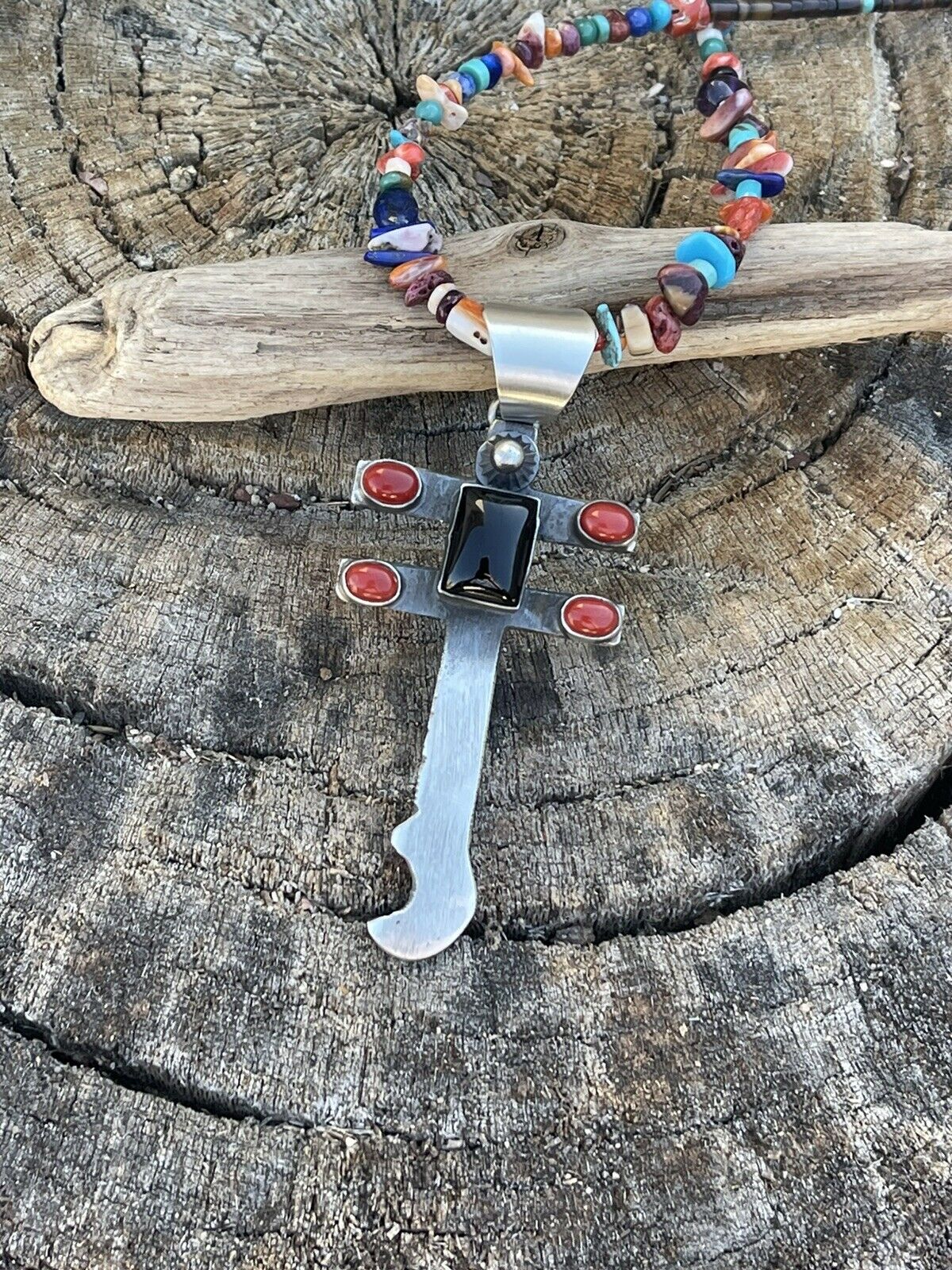 Handcrafted Sterling Silver Black Onyx and Coral Dragonfly Pendant By Chimney Butte