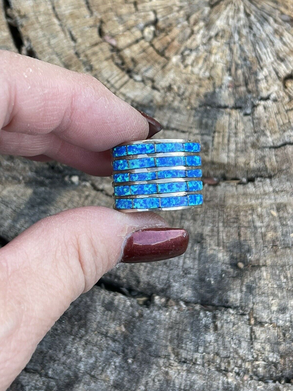 Handcrafted Sterling Silver Blue Opal 5 Row Inlay Ring