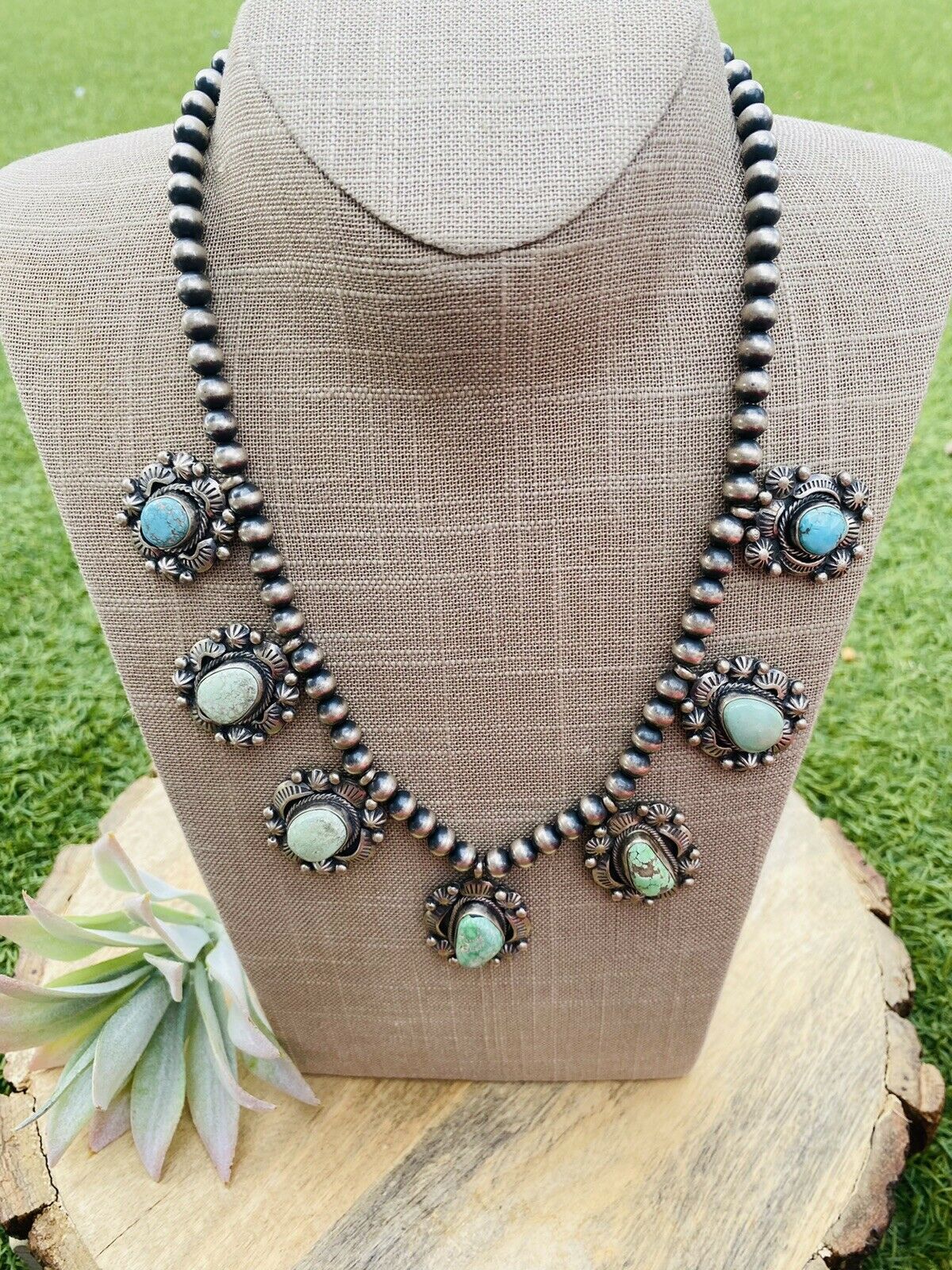 Handcrafted Carico Lake Turquoise & Sterling Silver Necklace Signed