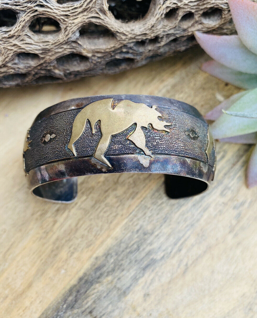 Handcrafted Vintage Sterling Silver & Copper Bear Cuff Bracelet Signed