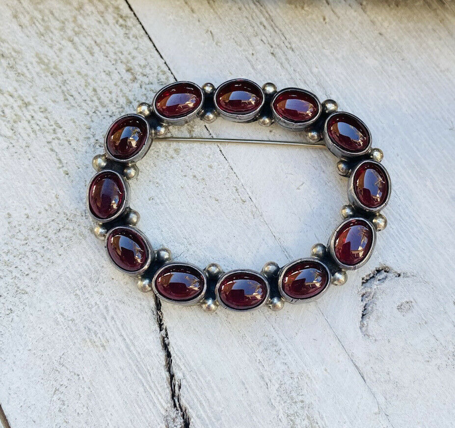 Handcrafted Vintage Garnet Sterling Silver Brooch Signed