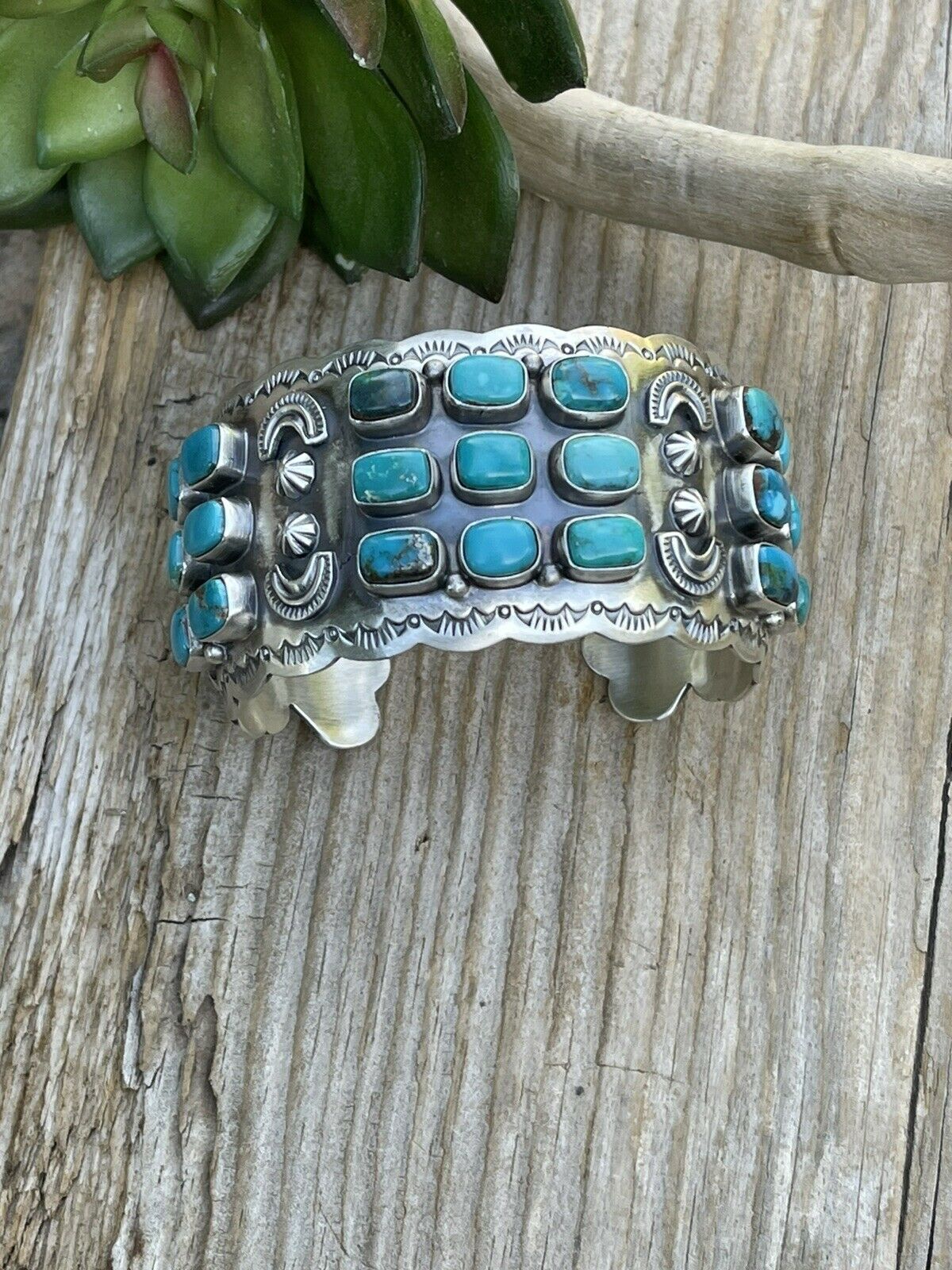 Stunning Turquoise Cluster & Sterling Silver Cuff Signed /