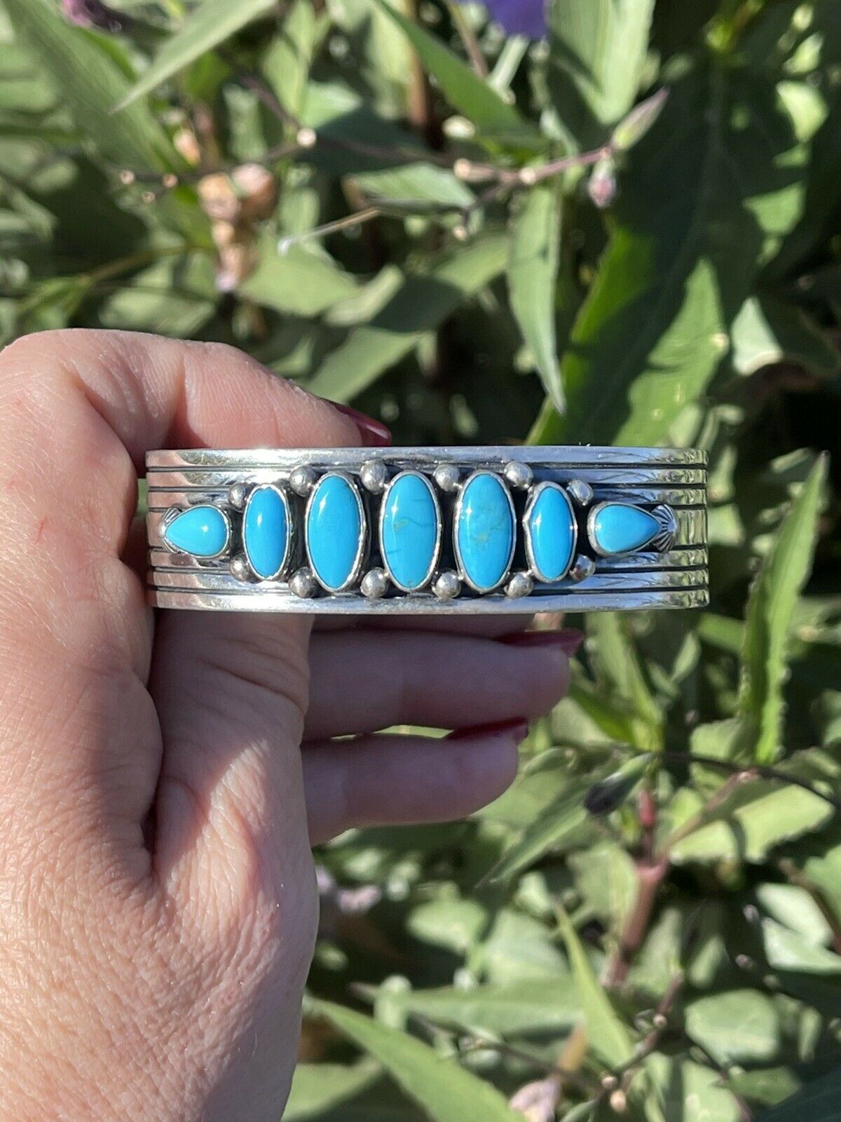 Handcrafted Sterling & Kingman Turquoise Stacker Cuff Bracelet Artist R. Bennett /