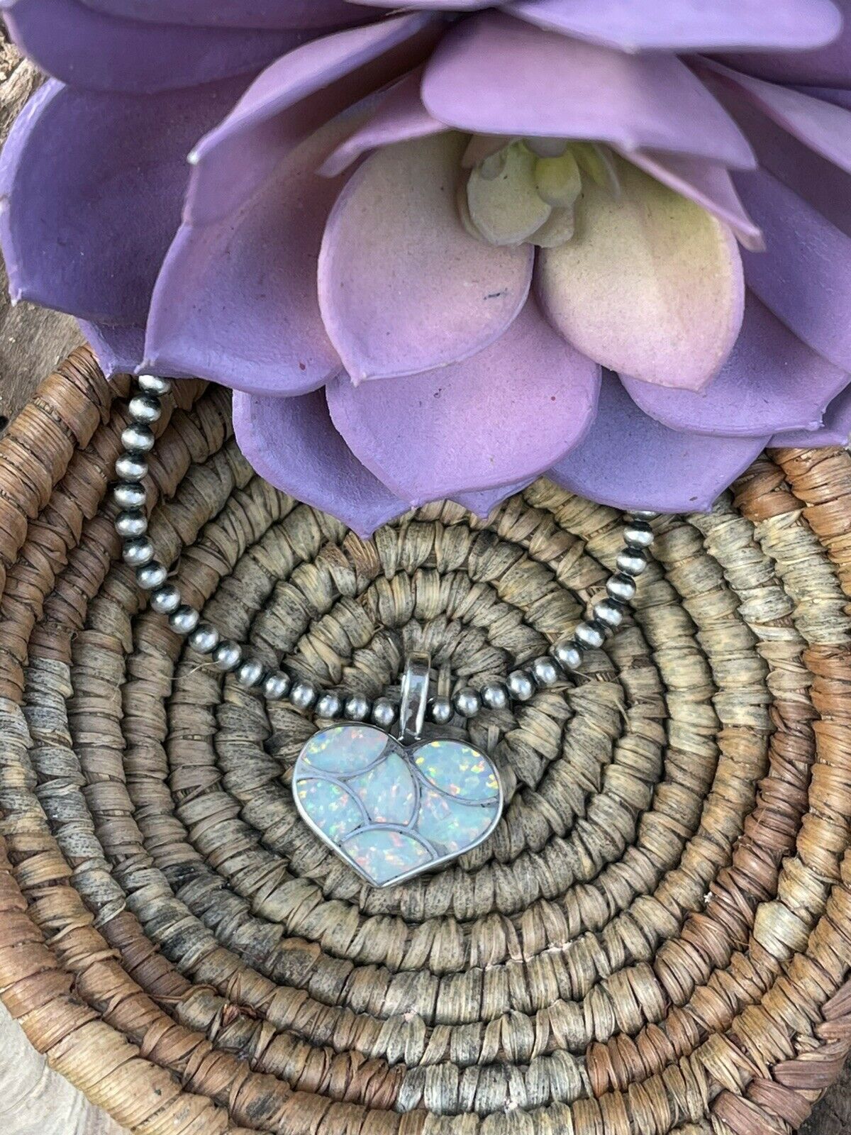 Handcrafted Iridescent White Opal & Sterling Silver Heart Pendant