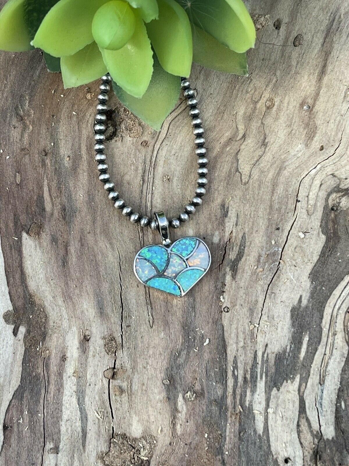 Zuni Iridescent Blue & White Opal & Sterling Silver Heart Pendant