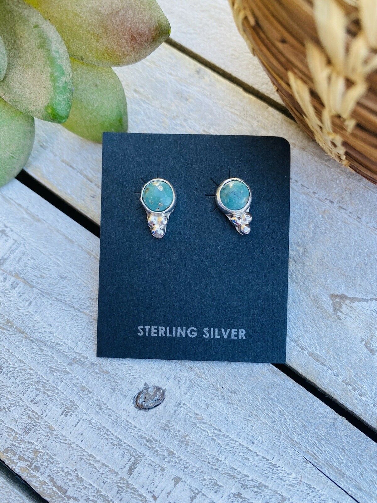 Handcrafted Sterling Silver And Turquoise Stud Earrings Signed