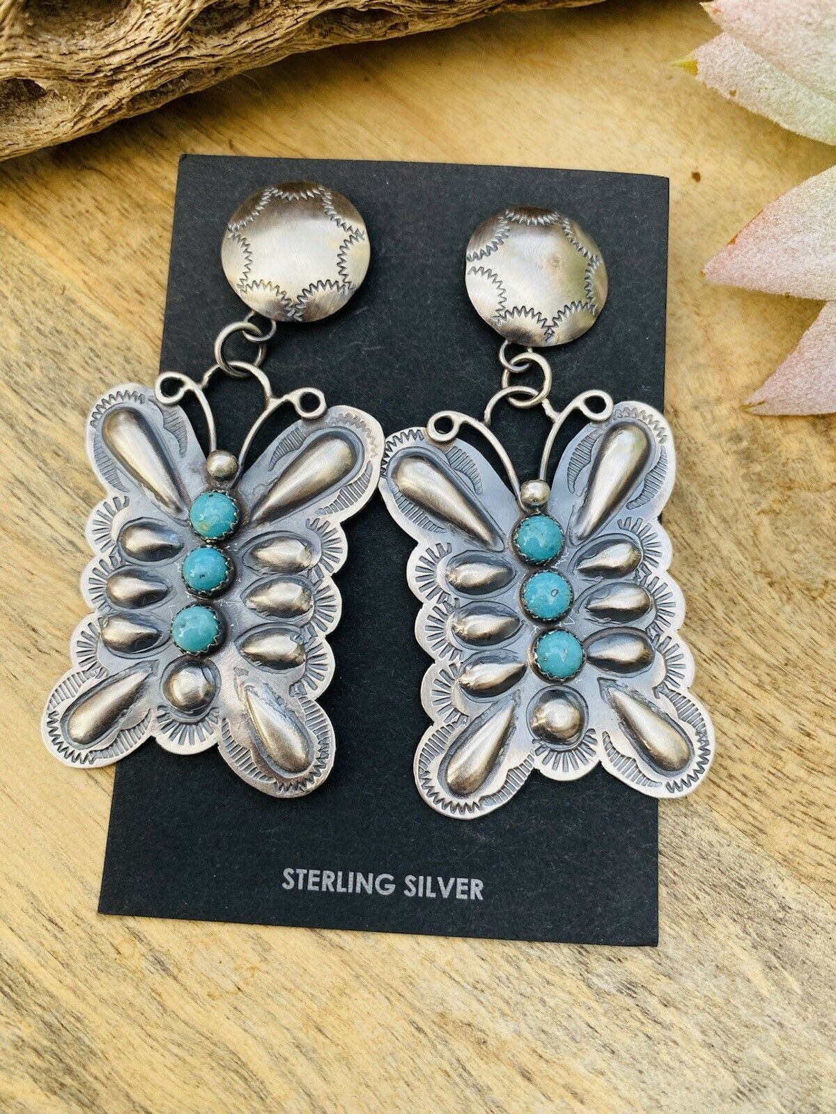 Handcrafted Turquoise & Sterling Silver Butterfly Dangle Earrings By Tim Yazzie