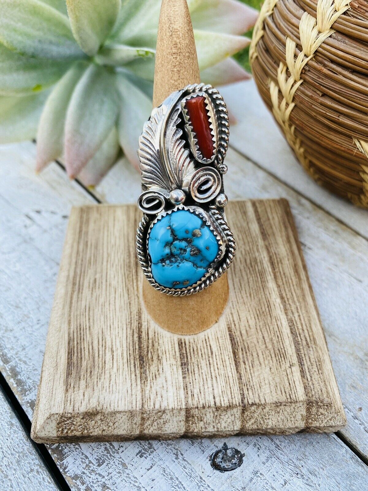 Handcrafted Turquoise, Coral & Sterling Silver Ring Size 5