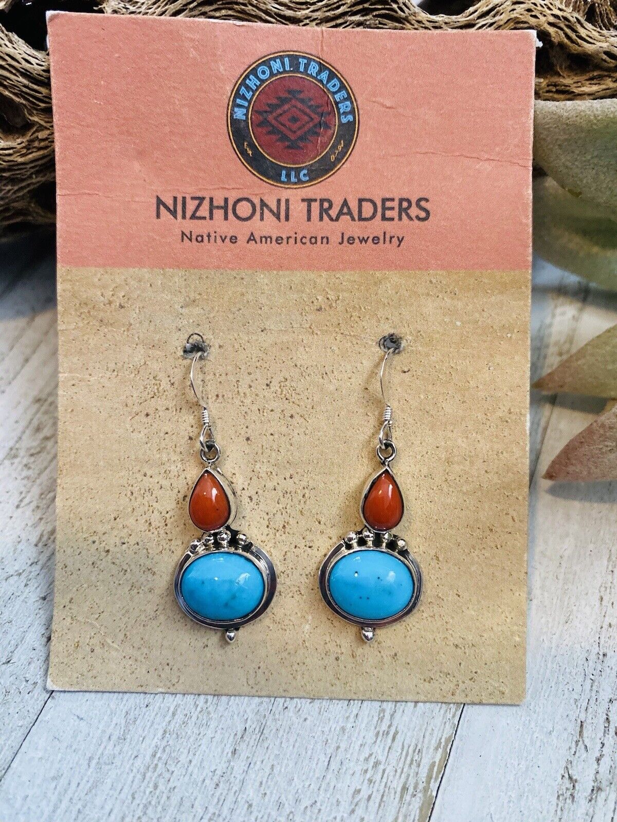 Handcrafted Turquoise, Coral & Sterling Silver Dangle Earrings