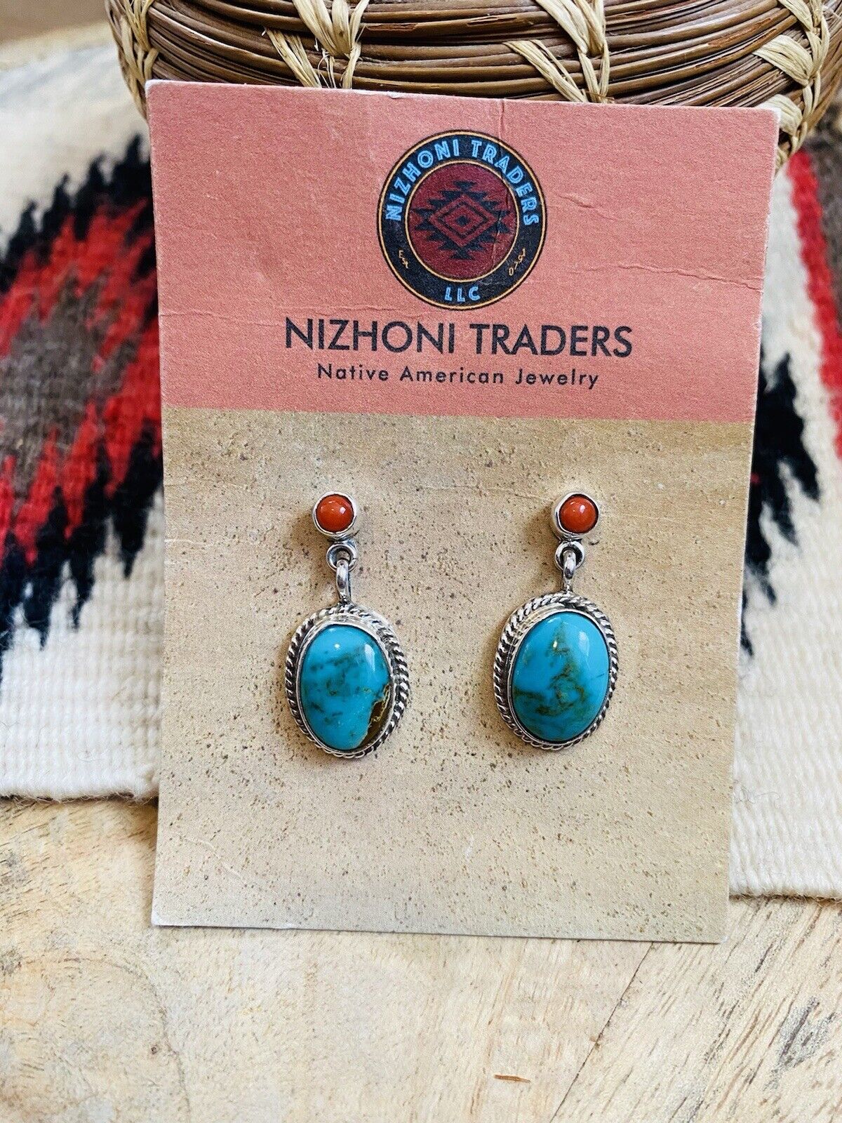 Handcrafted Turquoise, Coral & Sterling Silver Dangle Earrings