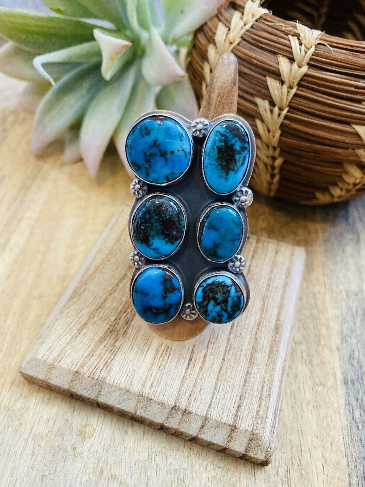 Handcrafted Kingman Turquoise & Sterling Silver Adjustable Ring Signed