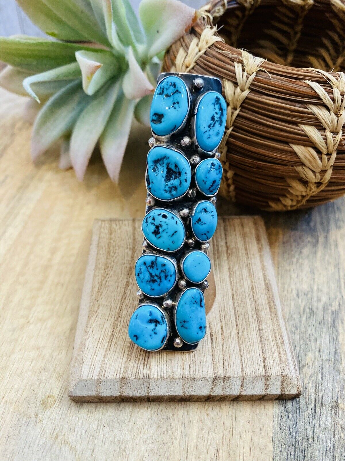 Handcrafted Sleeping Beauty Turquoise & Sterling Silver Ring Signed Size 8.5