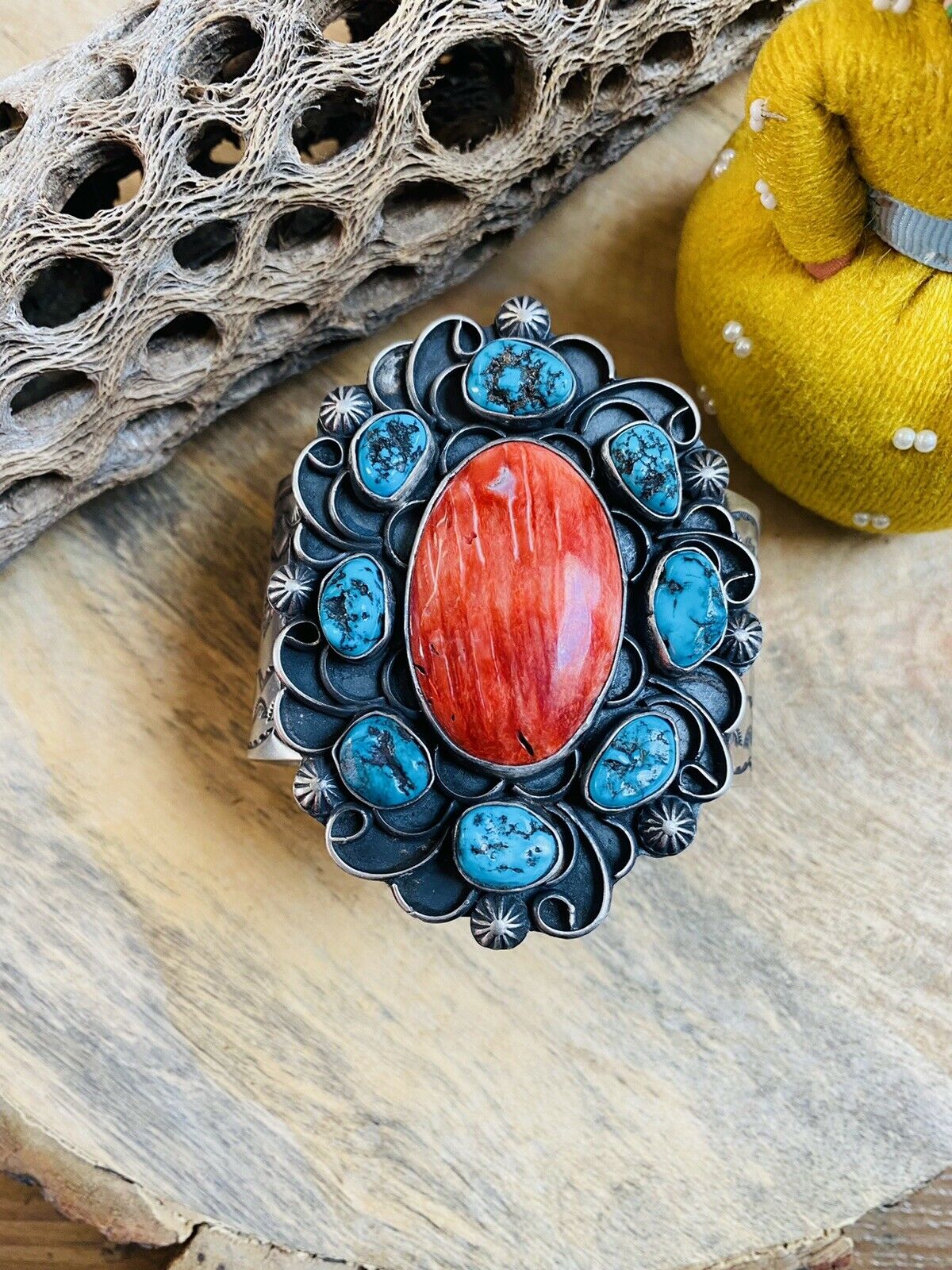 Navajo Turquoise, Orange Spiny & Sterling Silver Cuff Bracelet Signed /