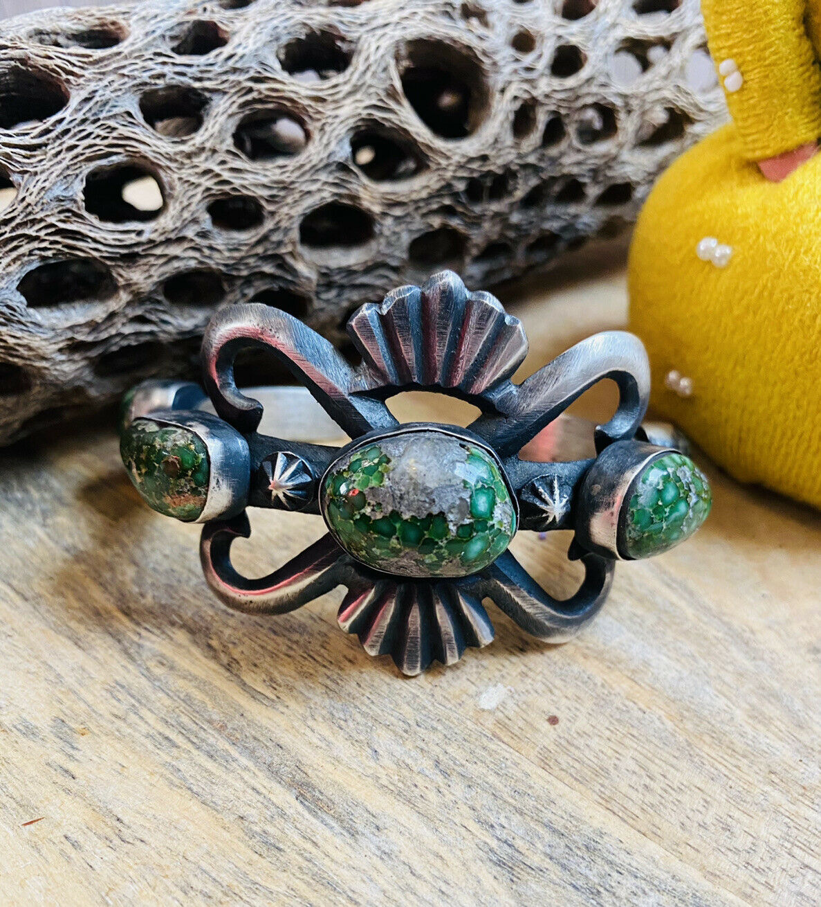 Navajo Sterling Silver & Sonoran Gold Turquoise Cuff Bracelet By Chimney Butte /