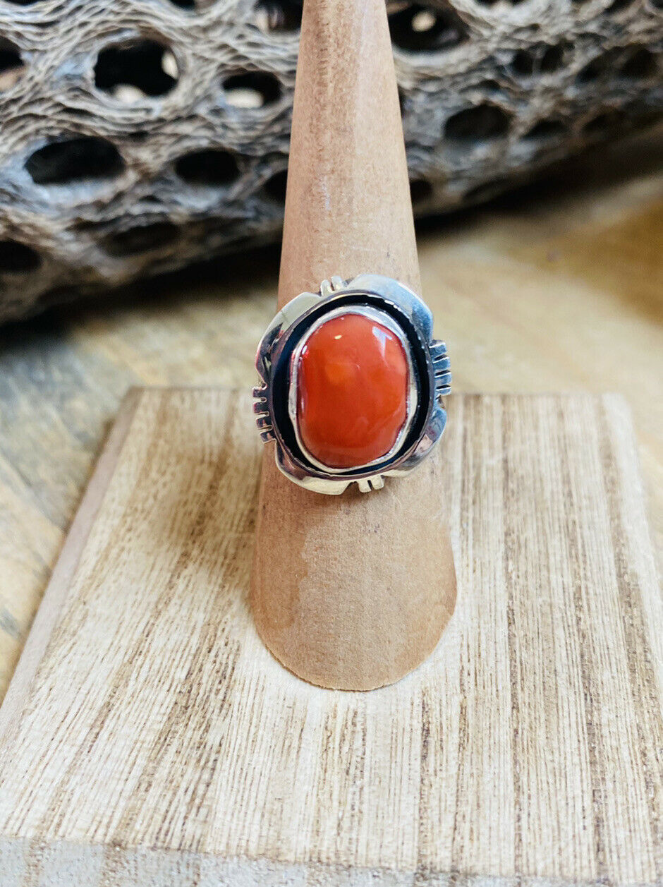 Handcrafted Sterling Silver & Orange Spiny Ring Size 5.75