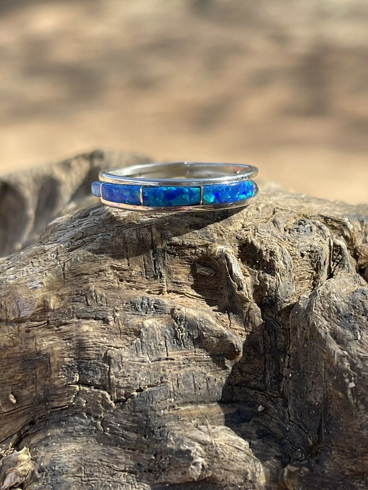 Handcrafted Sterling Silver Bright Blue Opal Stacker Ring