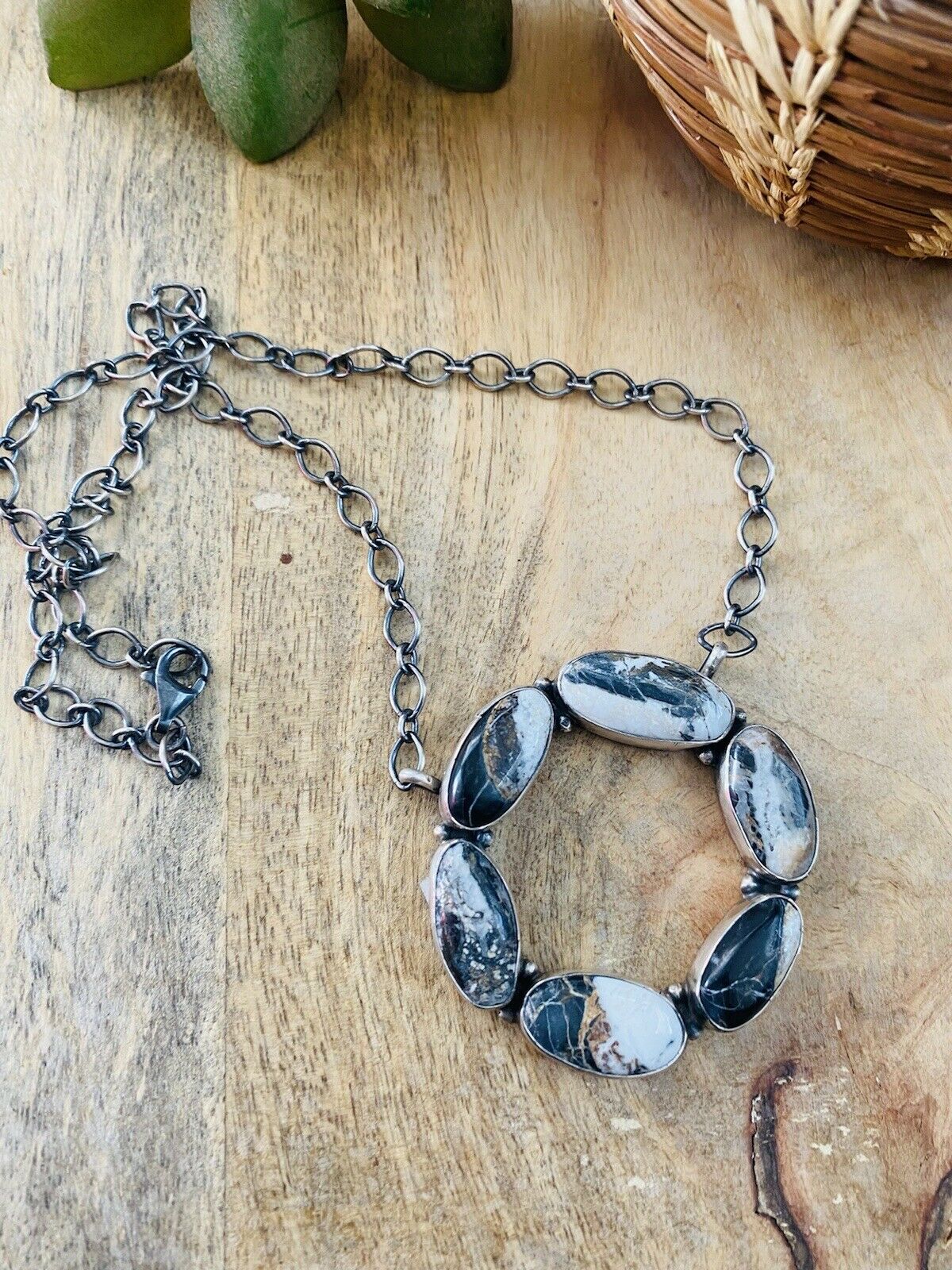 Handcrafted Sterling Silver & White Buffalo Necklace Signed