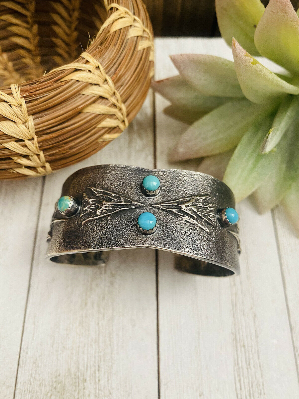 Handcrafted Old Pawn Vintage Turquoise & Sterling Silver Tufa Cast Cuff Bracelet /