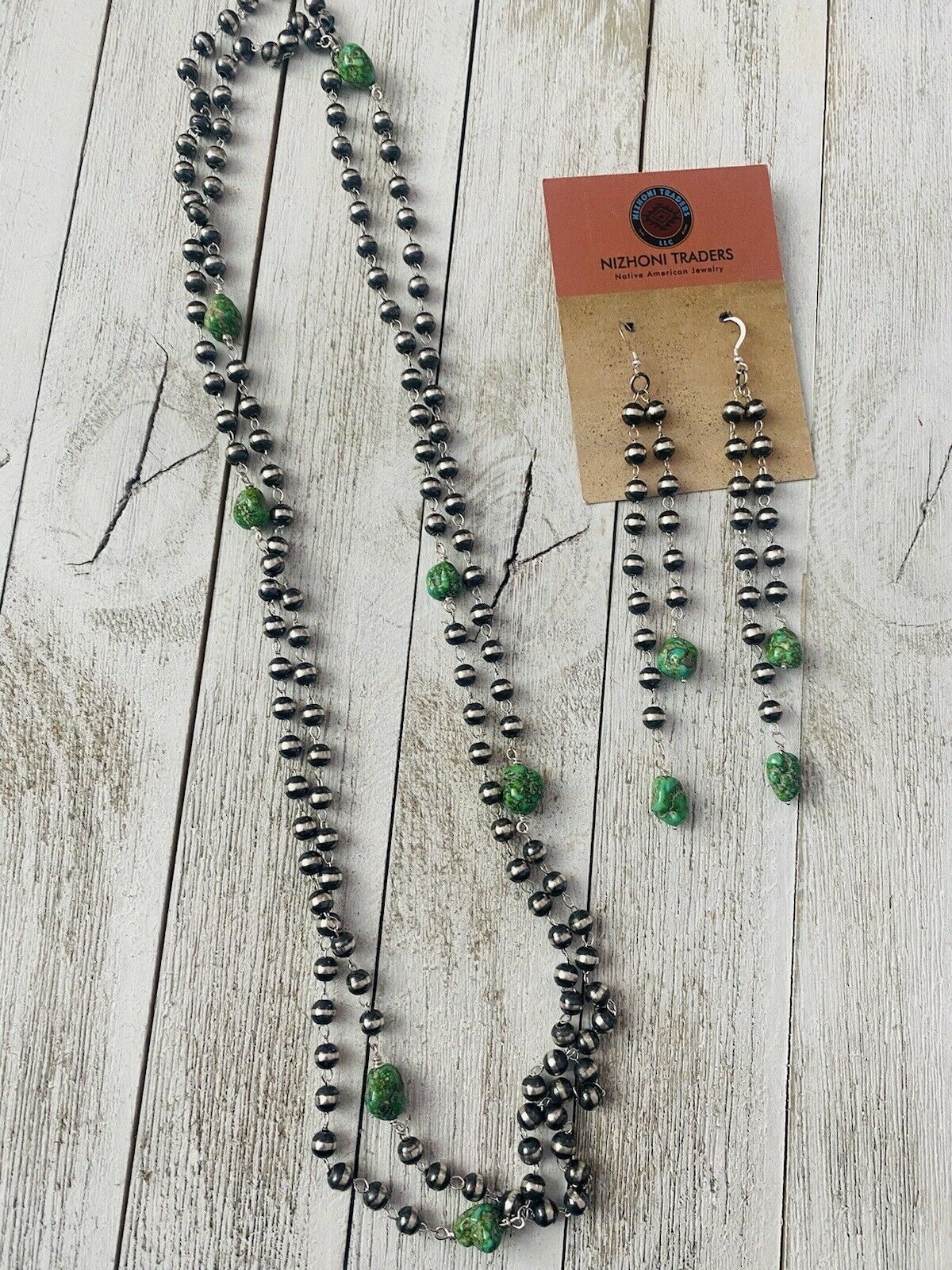 Handcrafted Sonoran Gold Turquoise & Sterling Silver Pearl Beaded Necklace Set