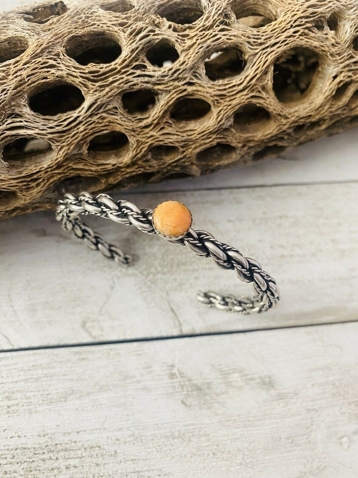 Handcrafted Sterling Cuff & Orange Spiny Twisted Cuff Bracelet