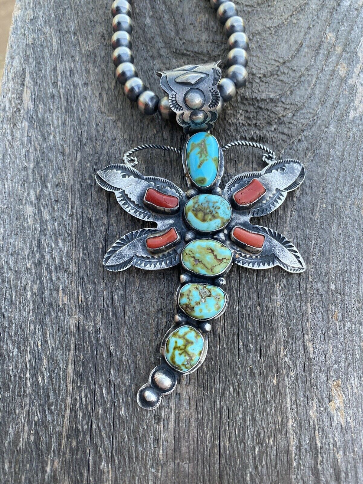 Handcrafted Shawn Cayatenito Sterling Silver Kingman Turquoise & Coral Dragonfly Pendant